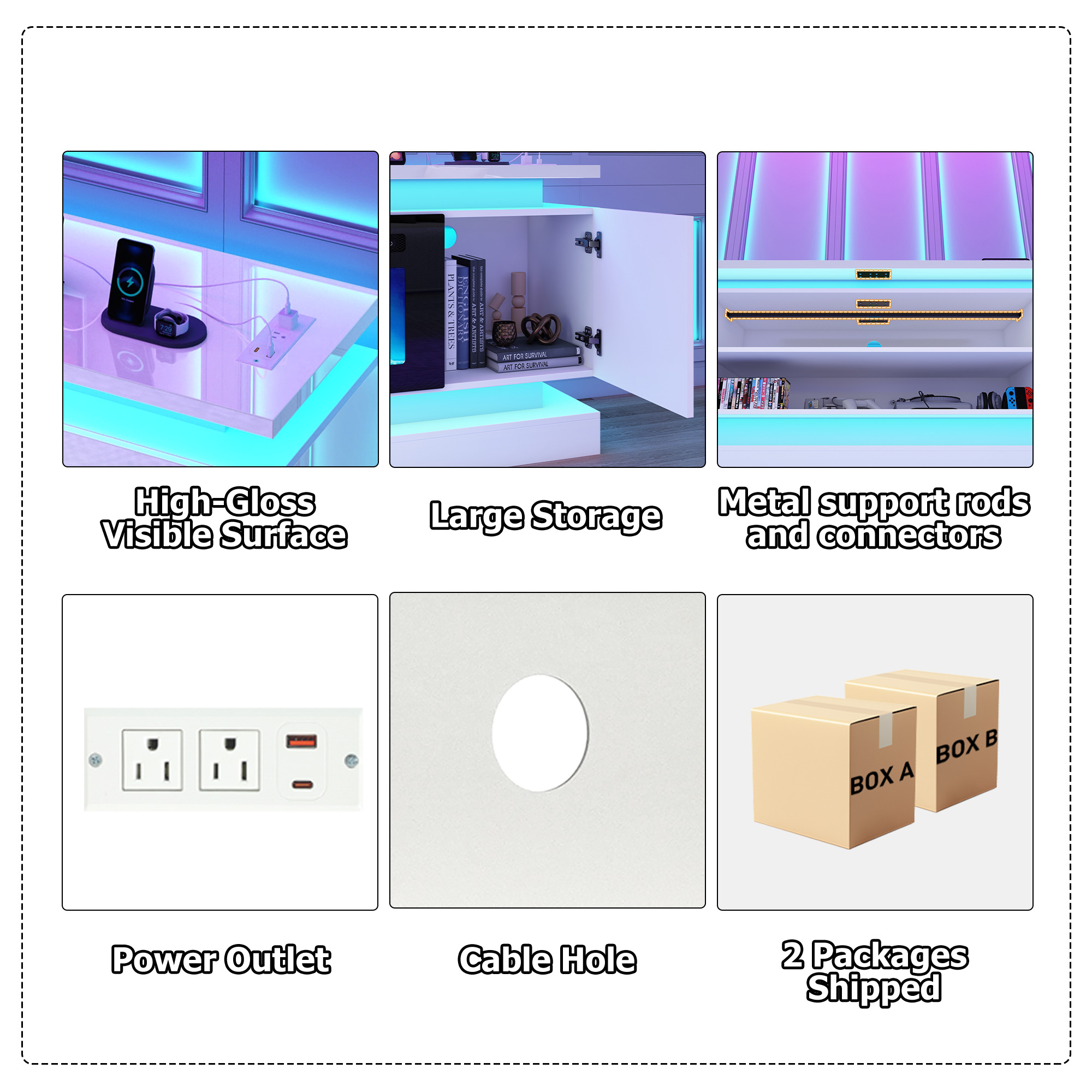 Blotout 81" Fireplace TV Stand with 50" Fireplace, LED Lights & Power Outlet for 90/85/80 Inch TV, Modern Gaming Entertainment Center with High Gloss Cabinet, Media TV Console for Living Room