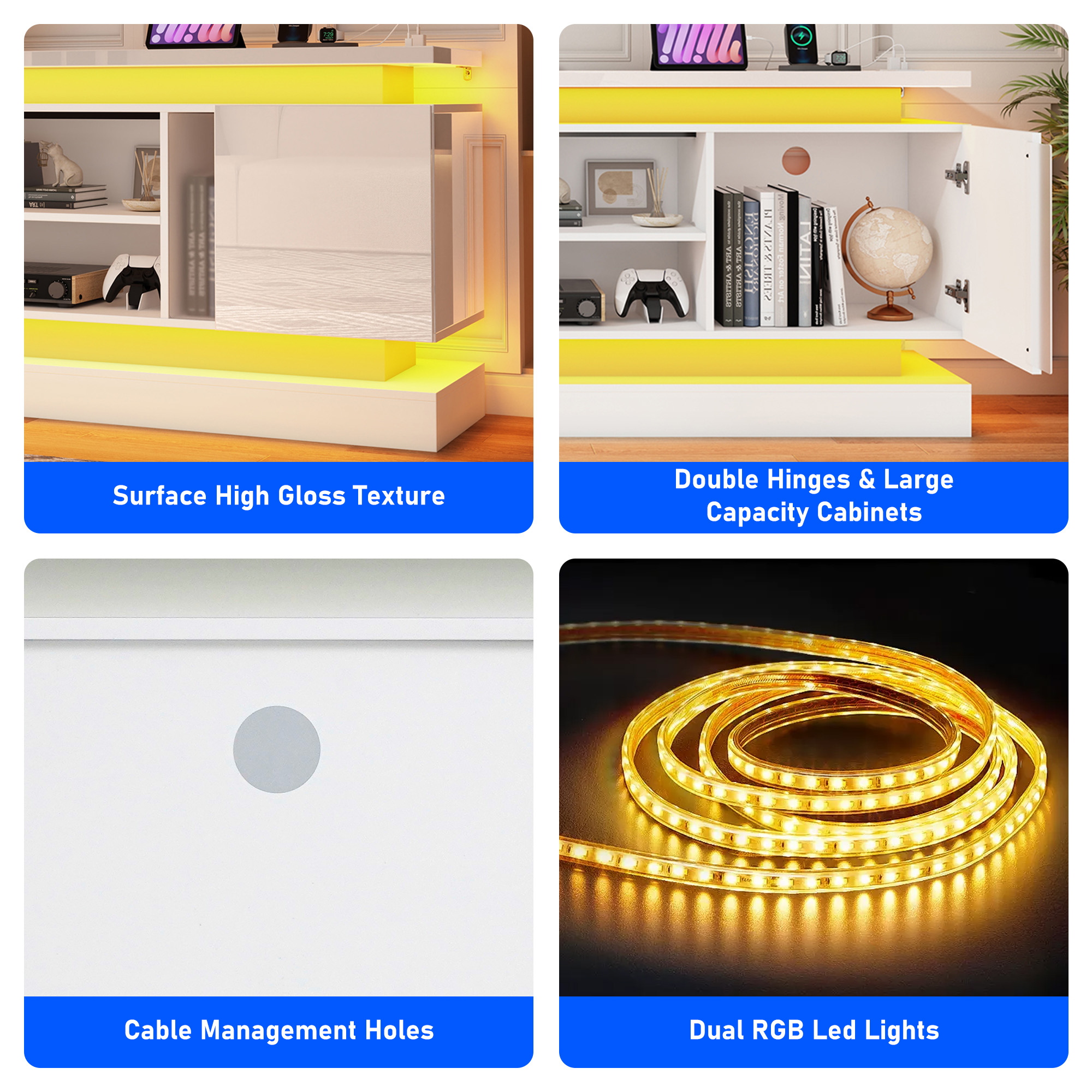 Blotout 81" TV Stand with LED Lights & Power Outlet for 90/85/80 Inch TV, Modern Gaming Entertainment Center with High Gloss Cabinet, Media TV Console for Living Room