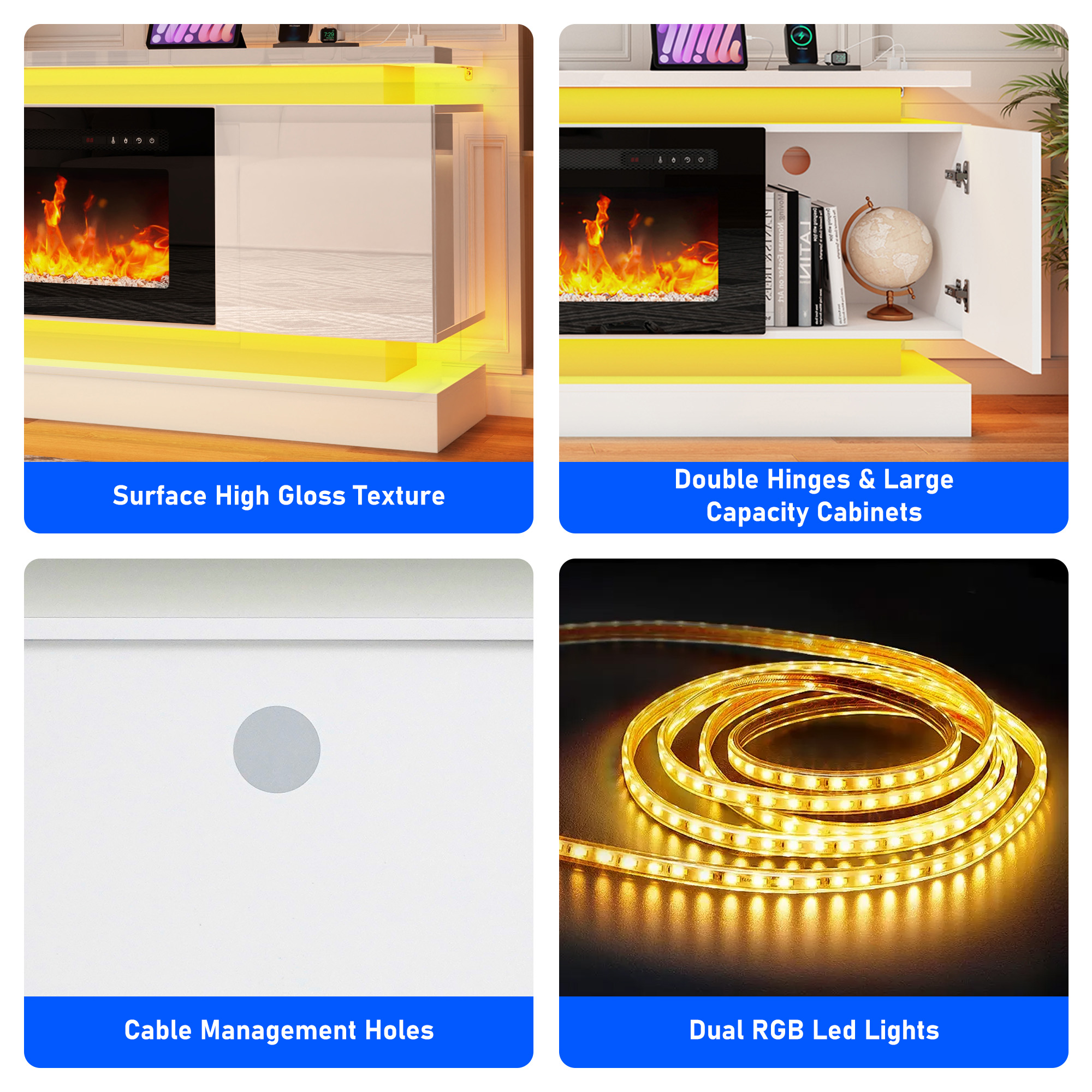 Blotout 81" Fireplace TV Stand with 50" Fireplace, LED Lights & Power Outlet for 90/85/80 Inch TV, Modern Gaming Entertainment Center with High Gloss Cabinet, Media TV Console for Living Room