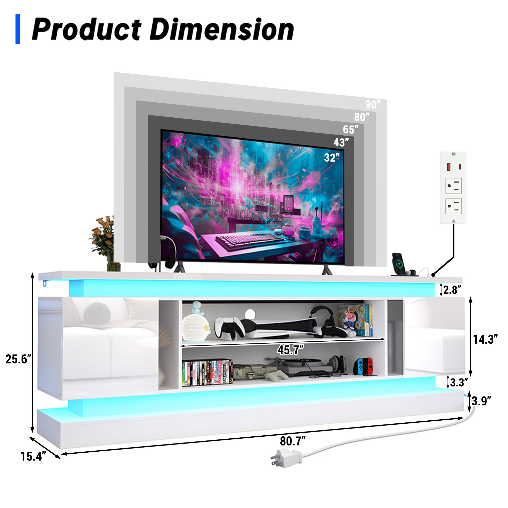Blotout 81" TV Stand with LED Lights & Power Outlet for 90/85/80 Inch TV, Modern Gaming Entertainment Center with High Gloss Cabinet, Media TV Console for Living Room