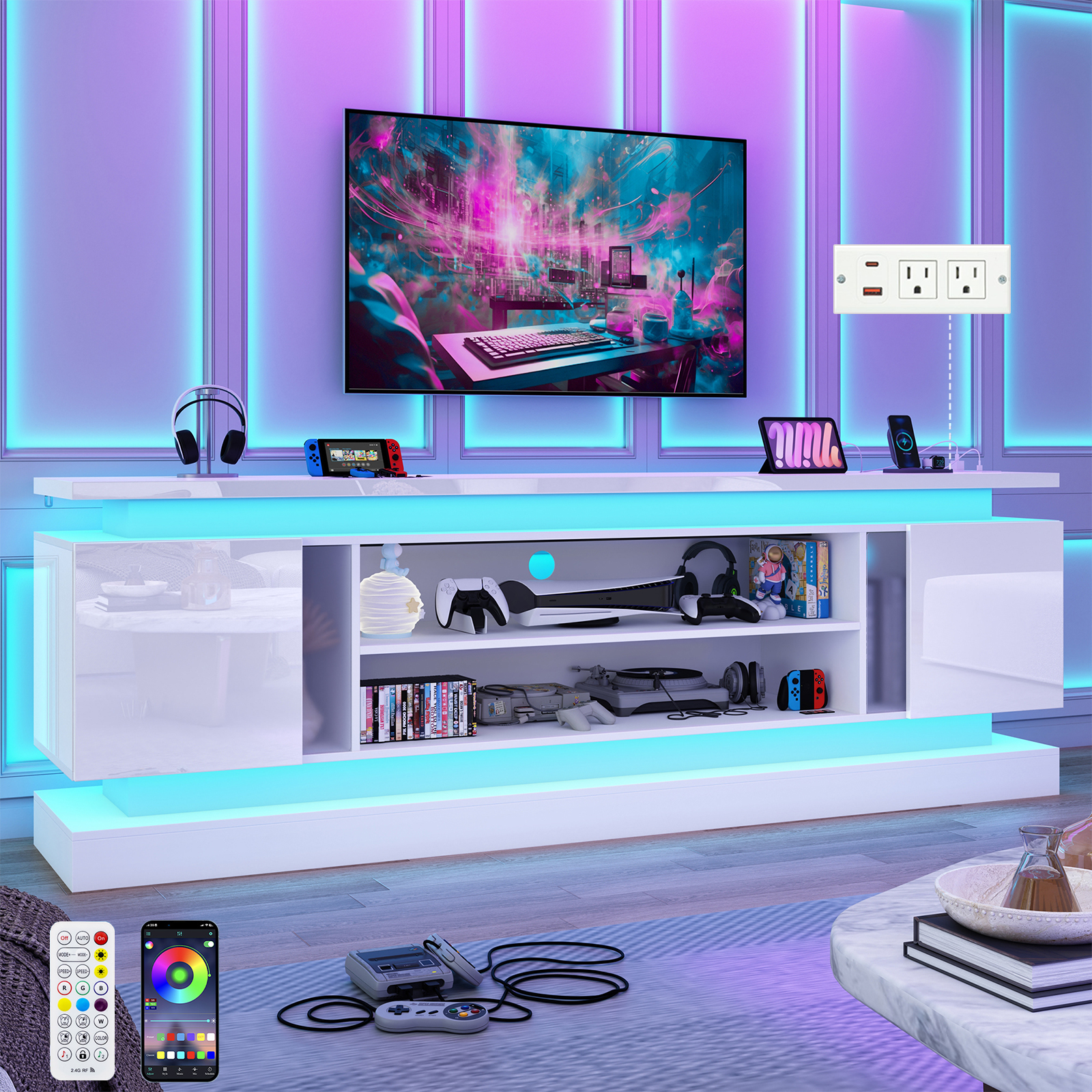 Blotout 81" TV Stand with LED Lights & Power Outlet for 90/85/80 Inch TV, Modern Gaming Entertainment Center with High Gloss Cabinet, Media TV Console for Living Room