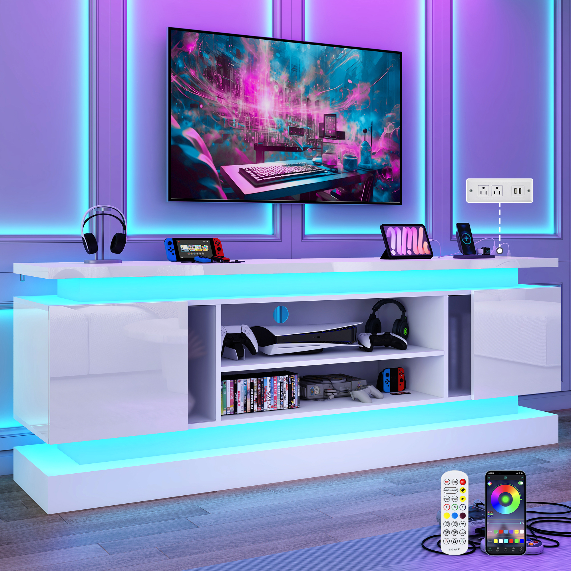 Blotout 71" TV Stand with LED Lights & Power Outlet for 85/80/75 Inch TV, Modern Gaming Entertainment Center with High Gloss Cabinet, Media TV Console for Living Room