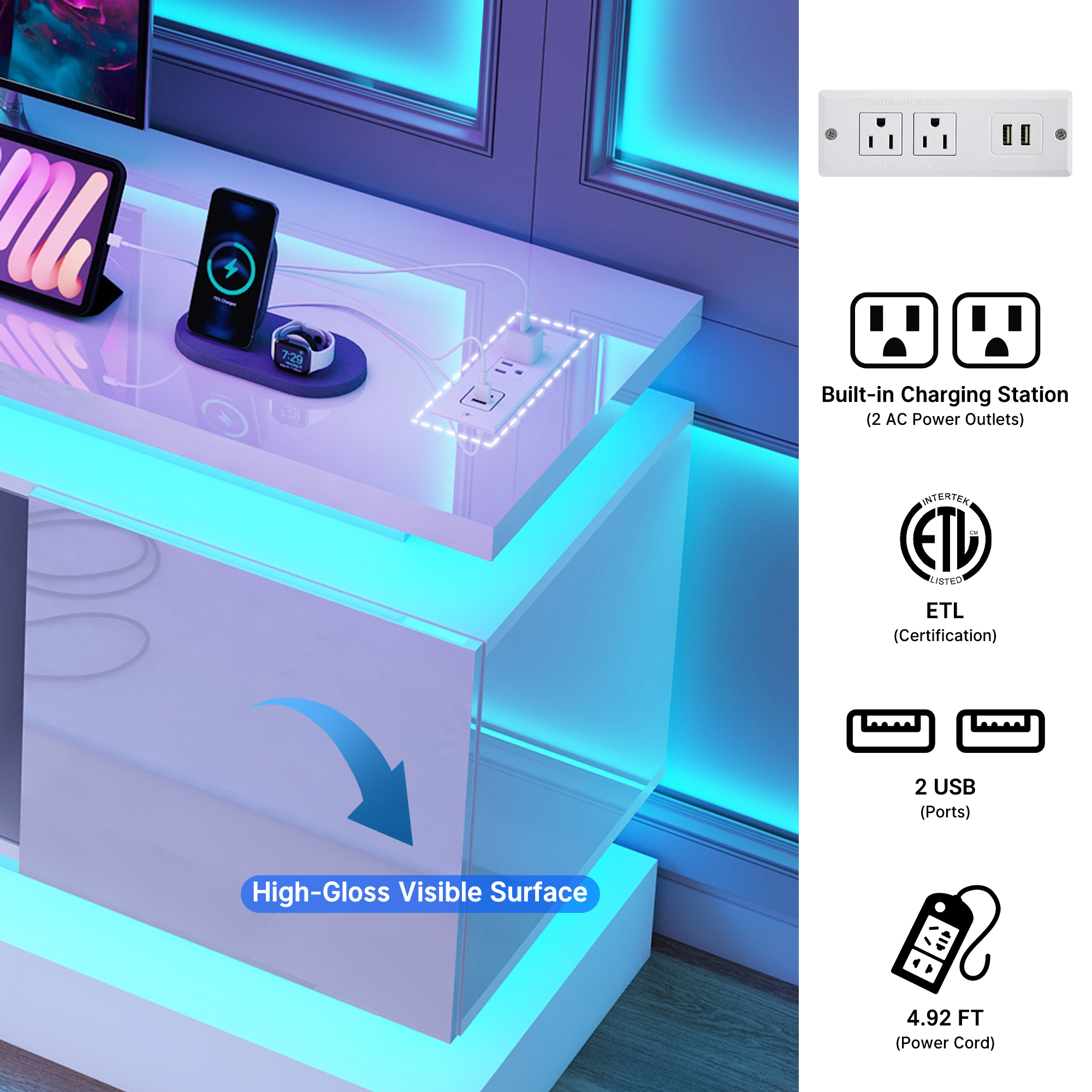 Blotout 71" TV Stand with LED Lights & Power Outlet for 85/80/75 Inch TV, Modern Gaming Entertainment Center with High Gloss Cabinet, Media TV Console for Living Room