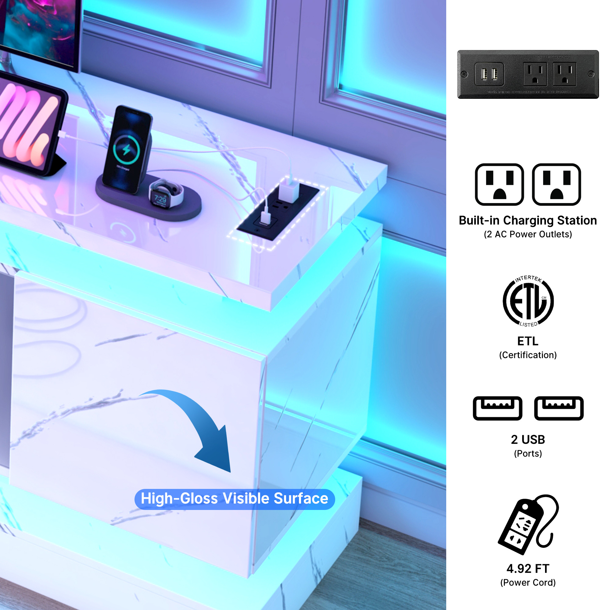 Blotout 71" TV Stand with LED Lights & Power Outlet for 85/80/75 Inch TV, Modern Gaming Entertainment Center with High Gloss Cabinet, Media TV Console for Living Room (Marble)