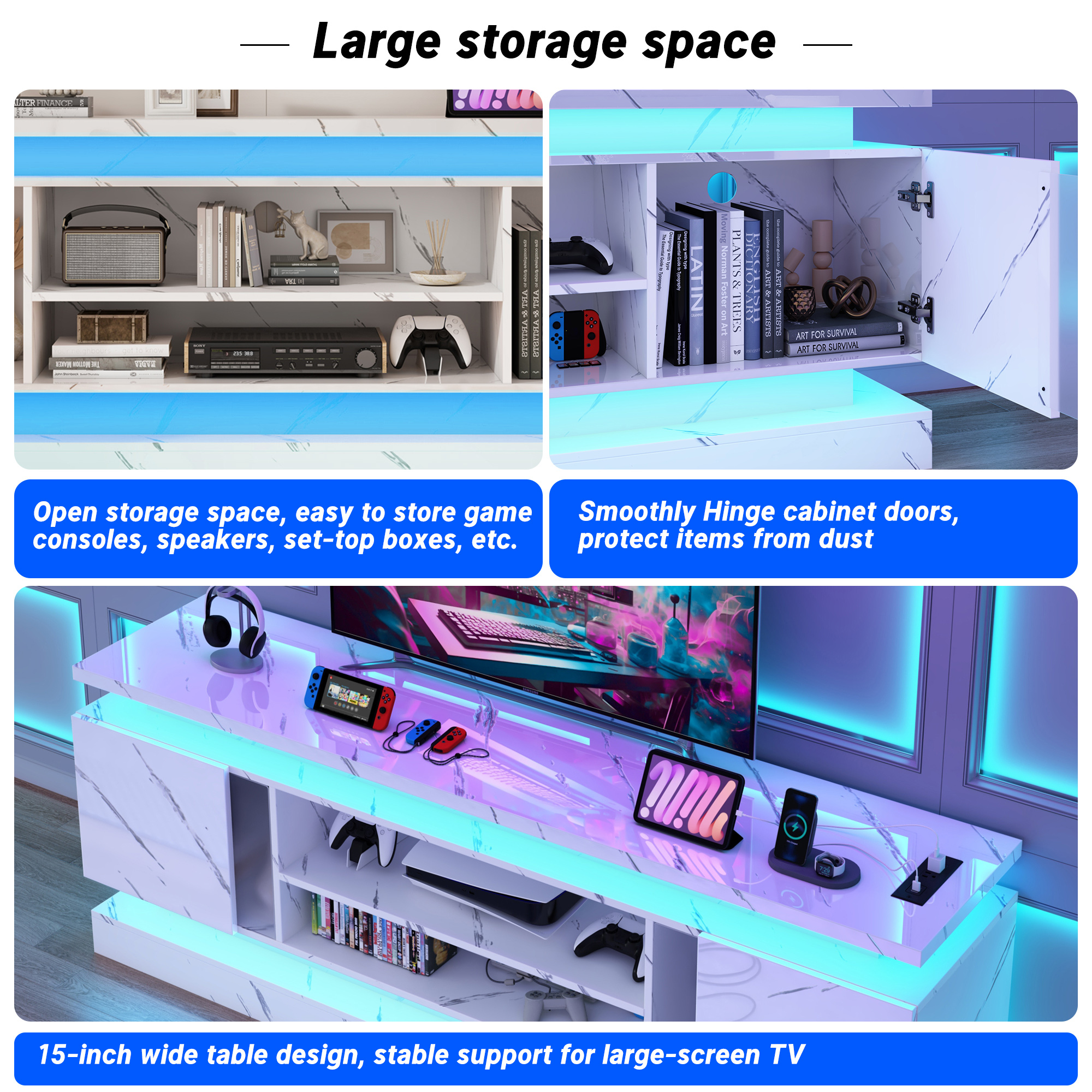 Blotout 71" TV Stand with LED Lights & Power Outlet for 85/80/75 Inch TV, Modern Gaming Entertainment Center with High Gloss Cabinet, Media TV Console for Living Room (Marble)