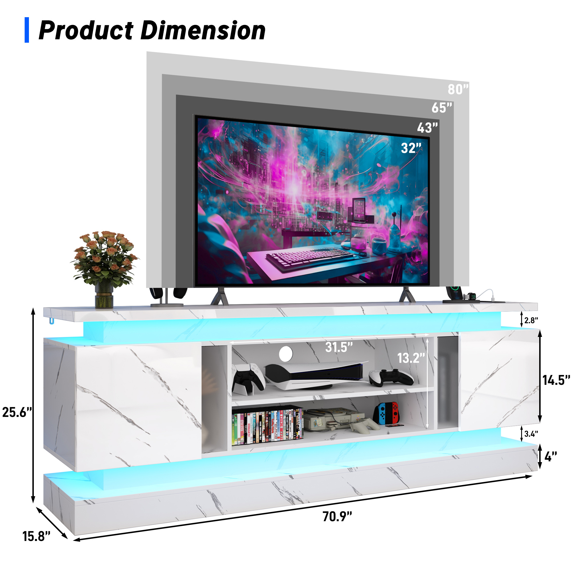 Blotout 71" TV Stand with LED Lights & Power Outlet for 85/80/75 Inch TV, Modern Gaming Entertainment Center with High Gloss Cabinet, Media TV Console for Living Room (Marble)