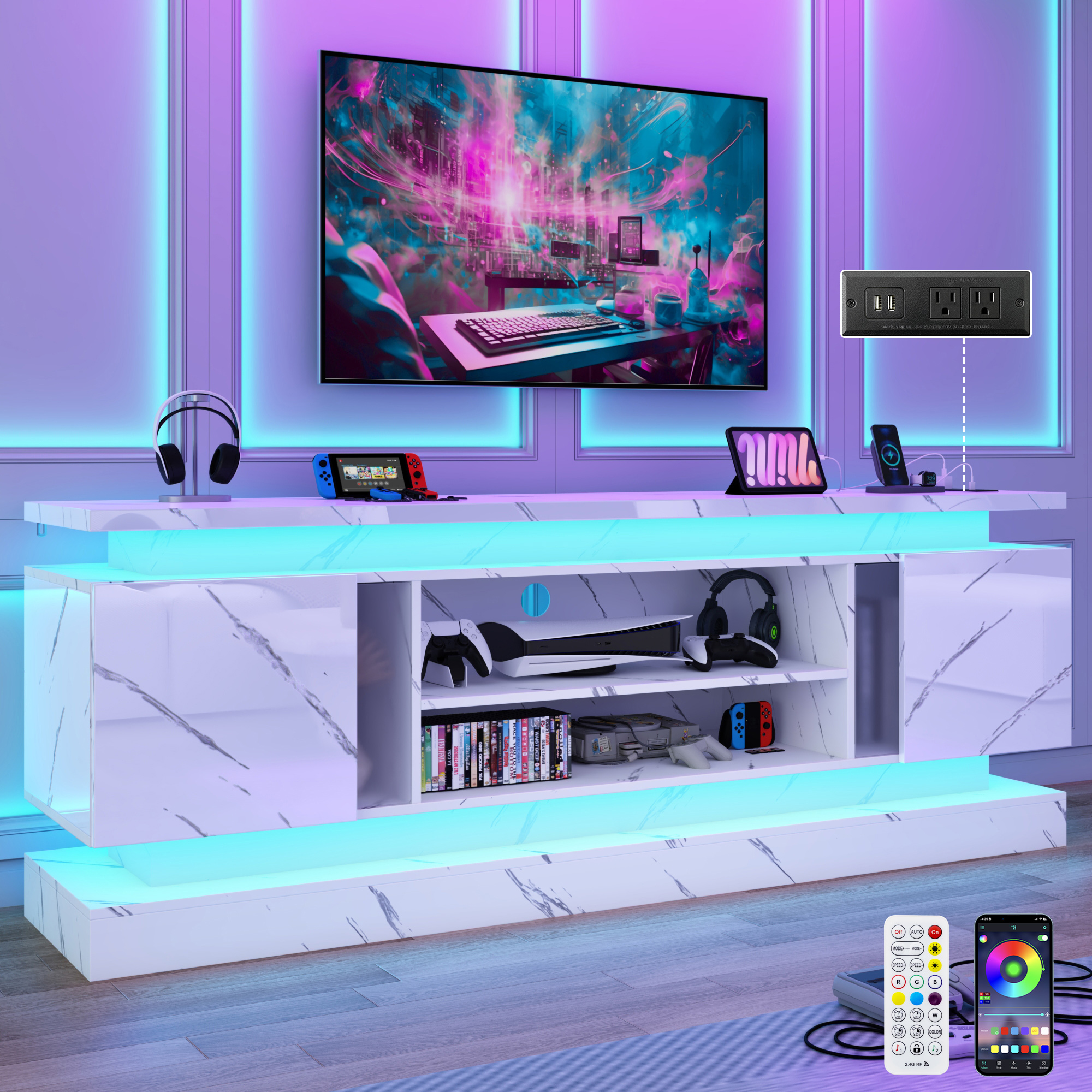 Blotout 71" TV Stand with LED Lights & Power Outlet for 85/80/75 Inch TV, Modern Gaming Entertainment Center with High Gloss Cabinet, Media TV Console for Living Room (Marble)