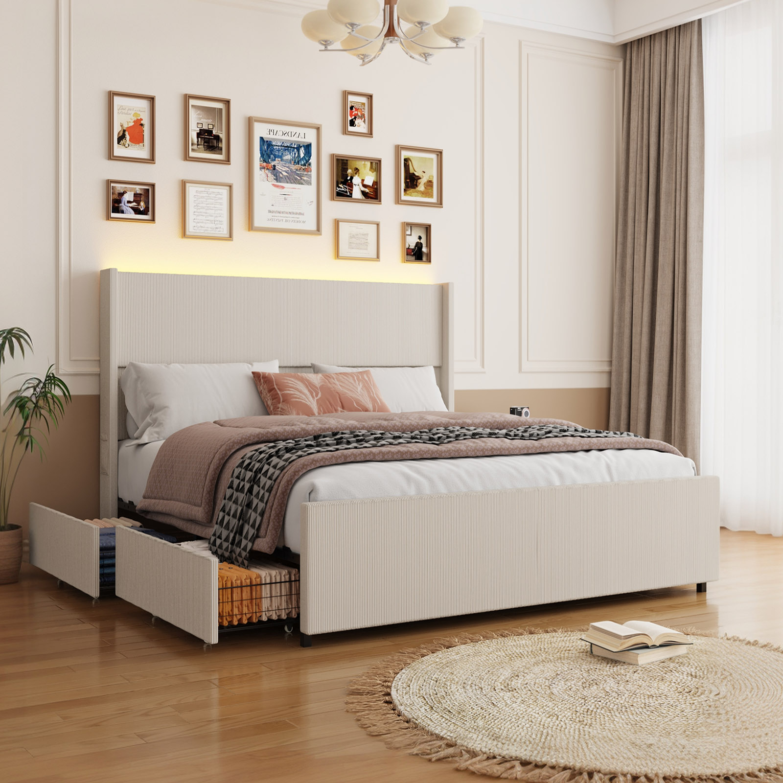 Blotout- Queen LED Bed Frame with Wingback Headboard & 2 Drawers