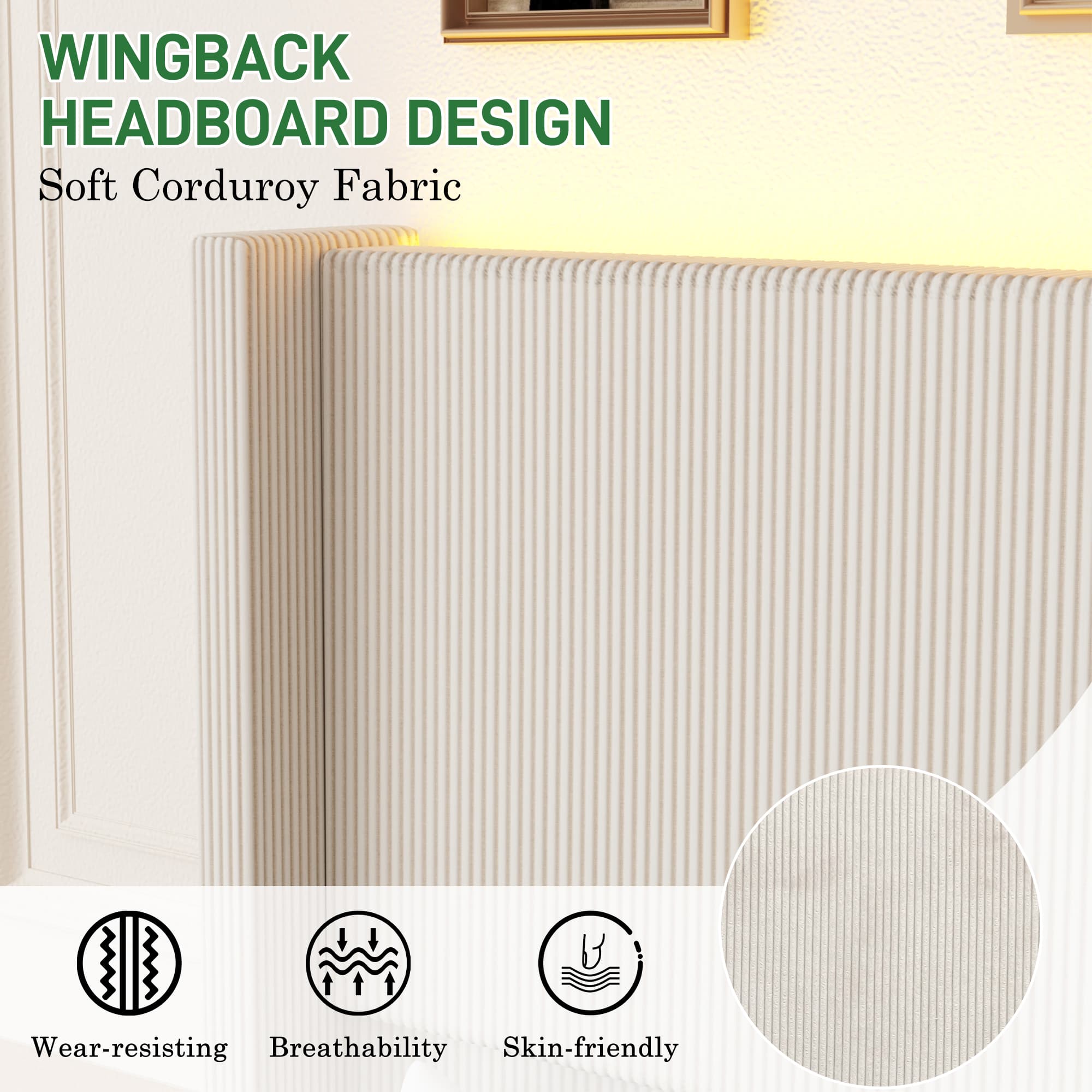 Blotout- Queen LED Bed Frame with Wingback Headboard & 2 Drawers