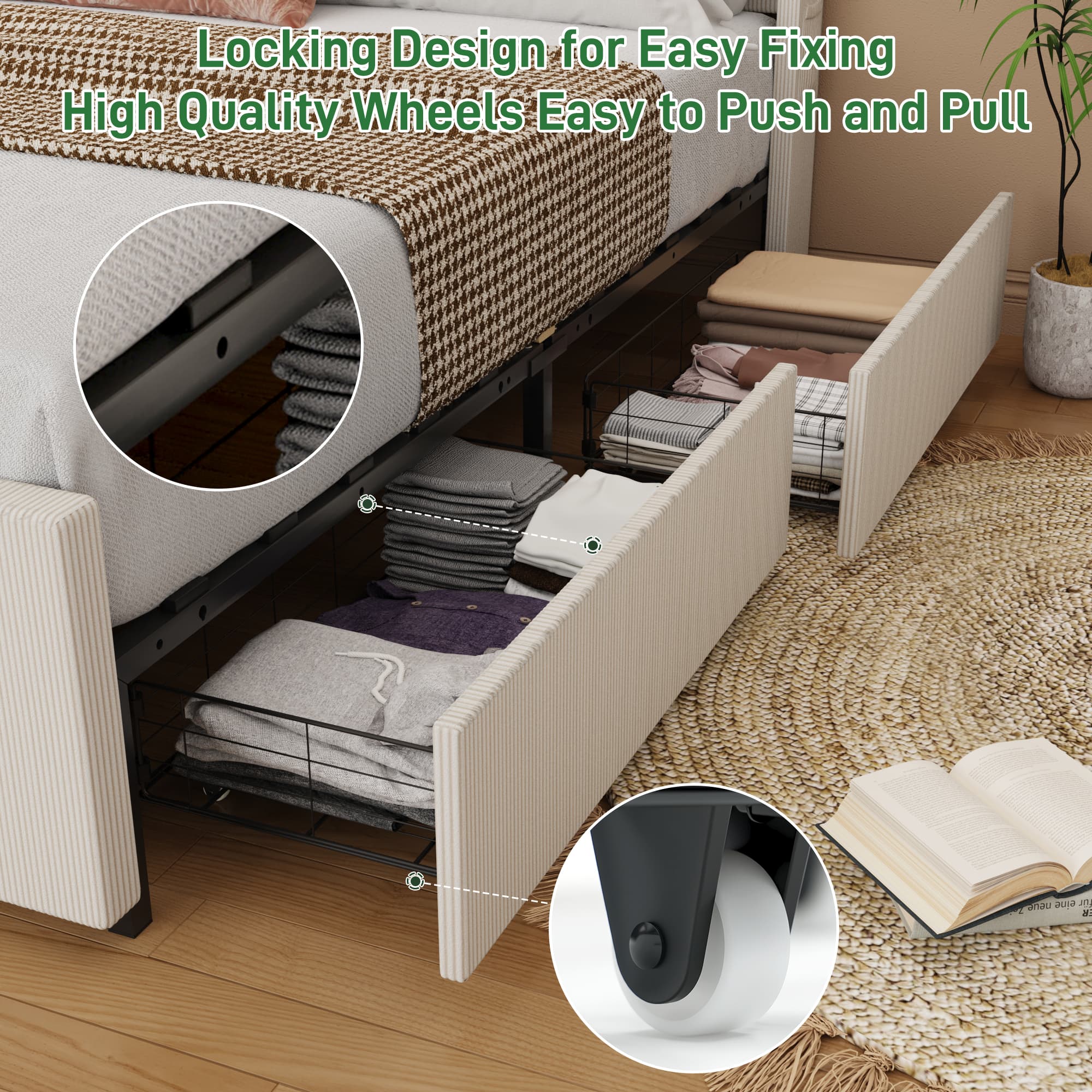 Blotout- Queen LED Bed Frame with Wingback Headboard & 2 Drawers