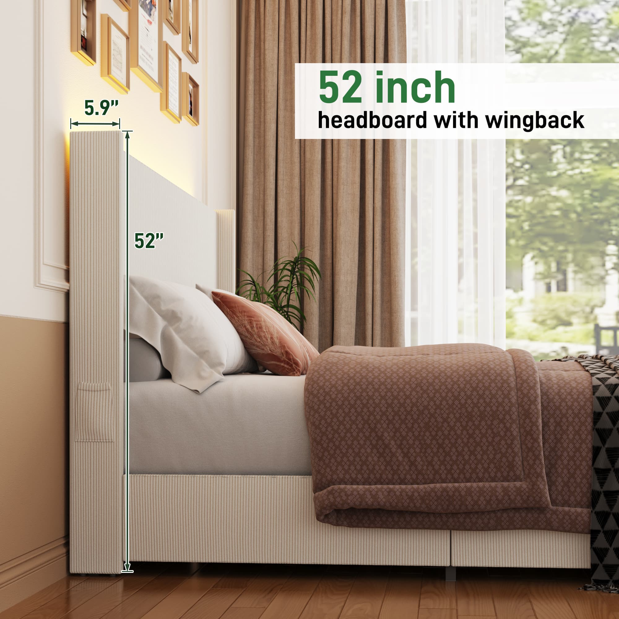 Blotout- Queen LED Bed Frame with Wingback Headboard & 2 Drawers