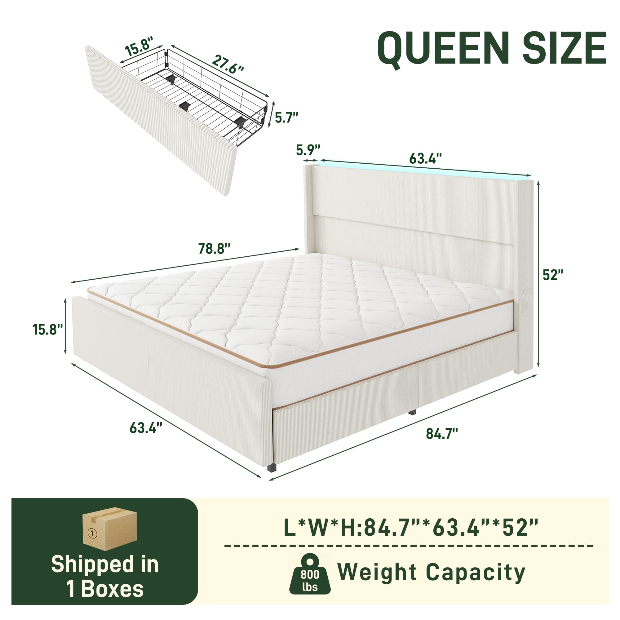 Blotout- Queen LED Bed Frame with Wingback Headboard & 2 Drawers