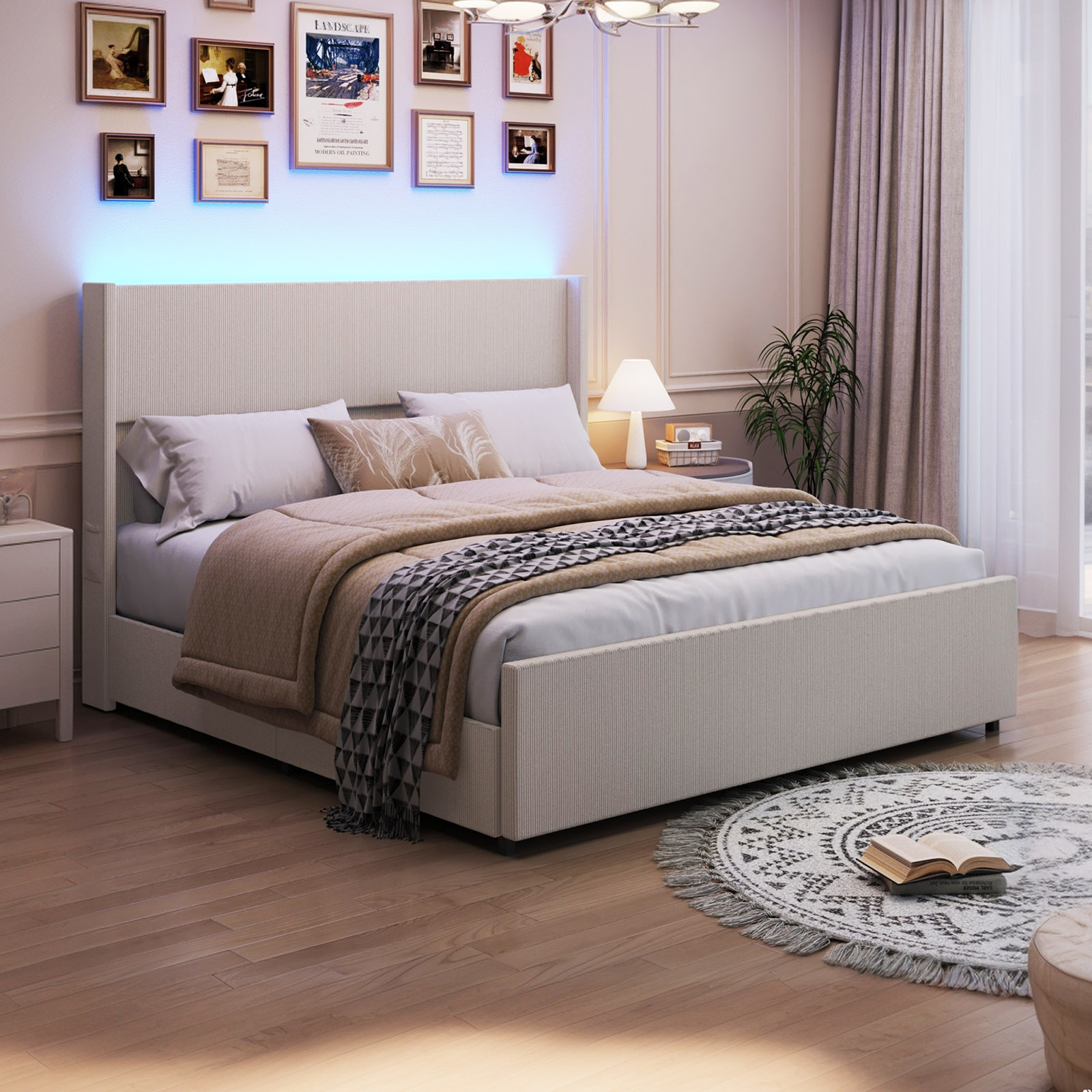 Blotout- Queen LED Bed Frame with Wingback Headboard & 2 Drawers