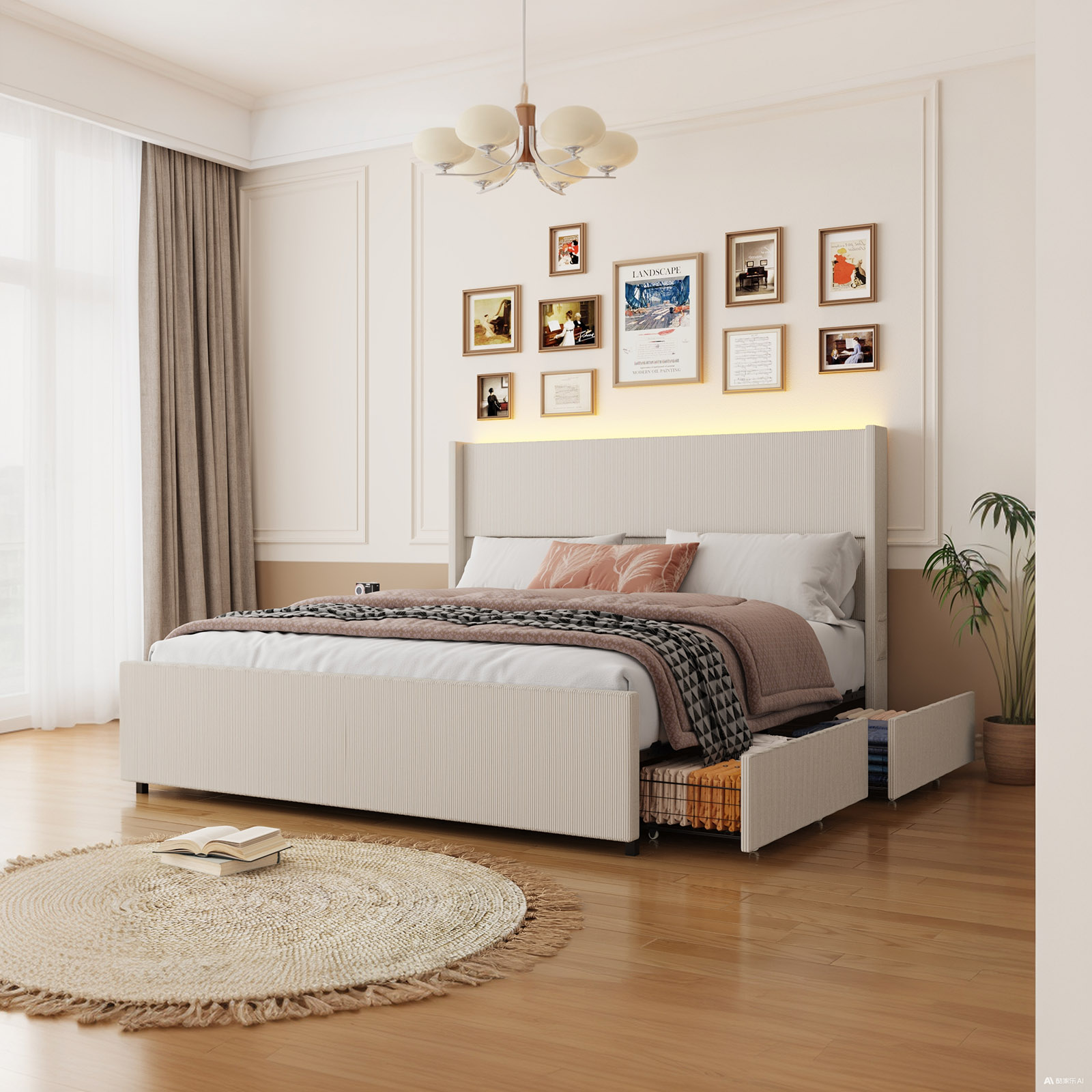 Blotout- Queen LED Bed Frame with Wingback Headboard & 2 Drawers