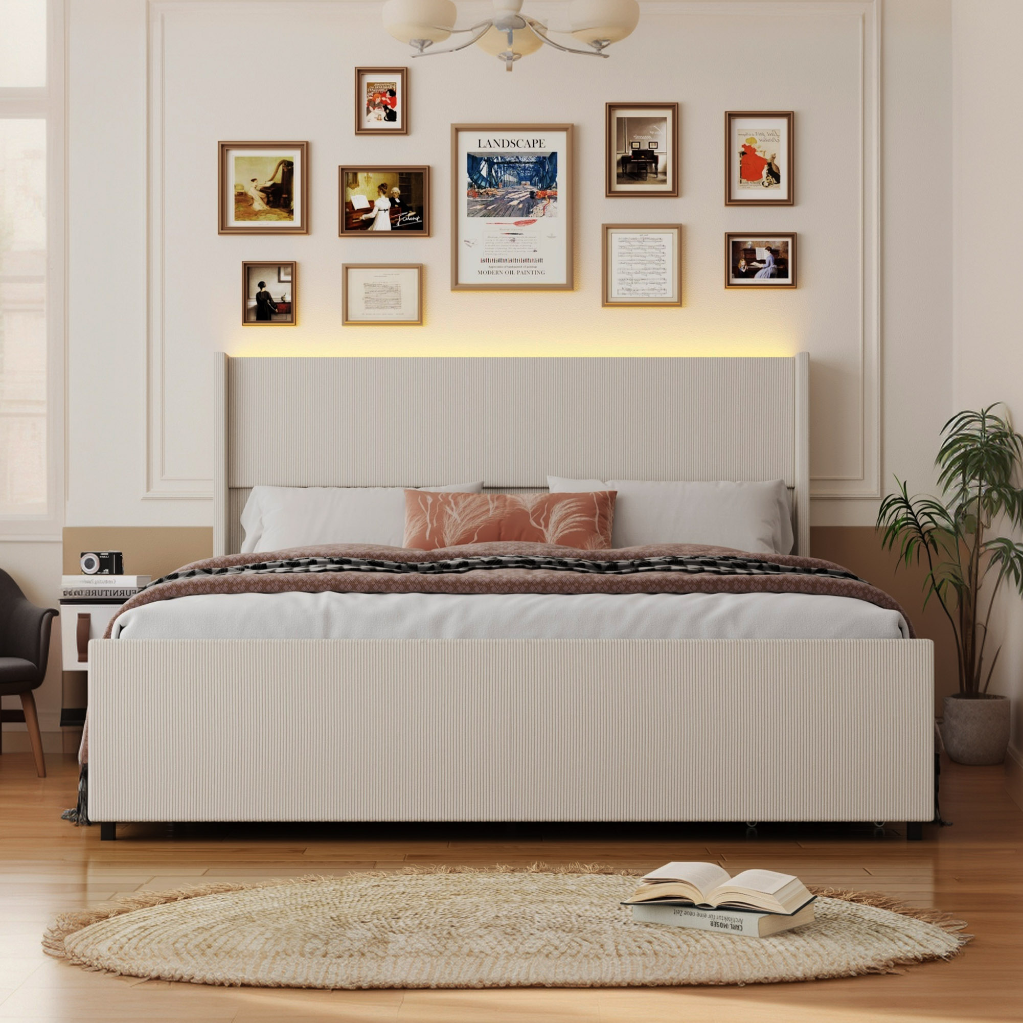 Blotout- Queen LED Bed Frame with Wingback Headboard & 2 Drawers