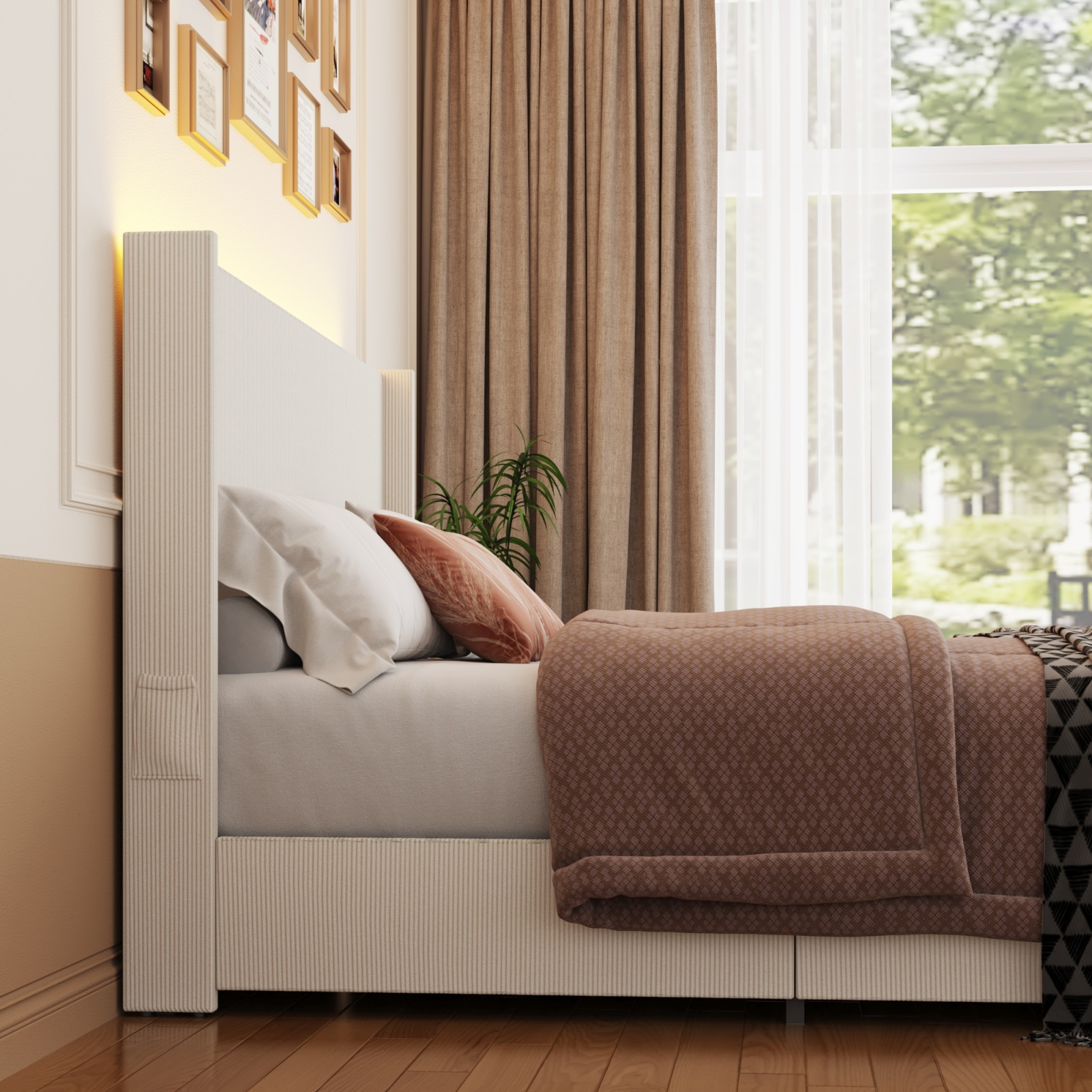 Blotout- Queen LED Bed Frame with Wingback Headboard & 2 Drawers