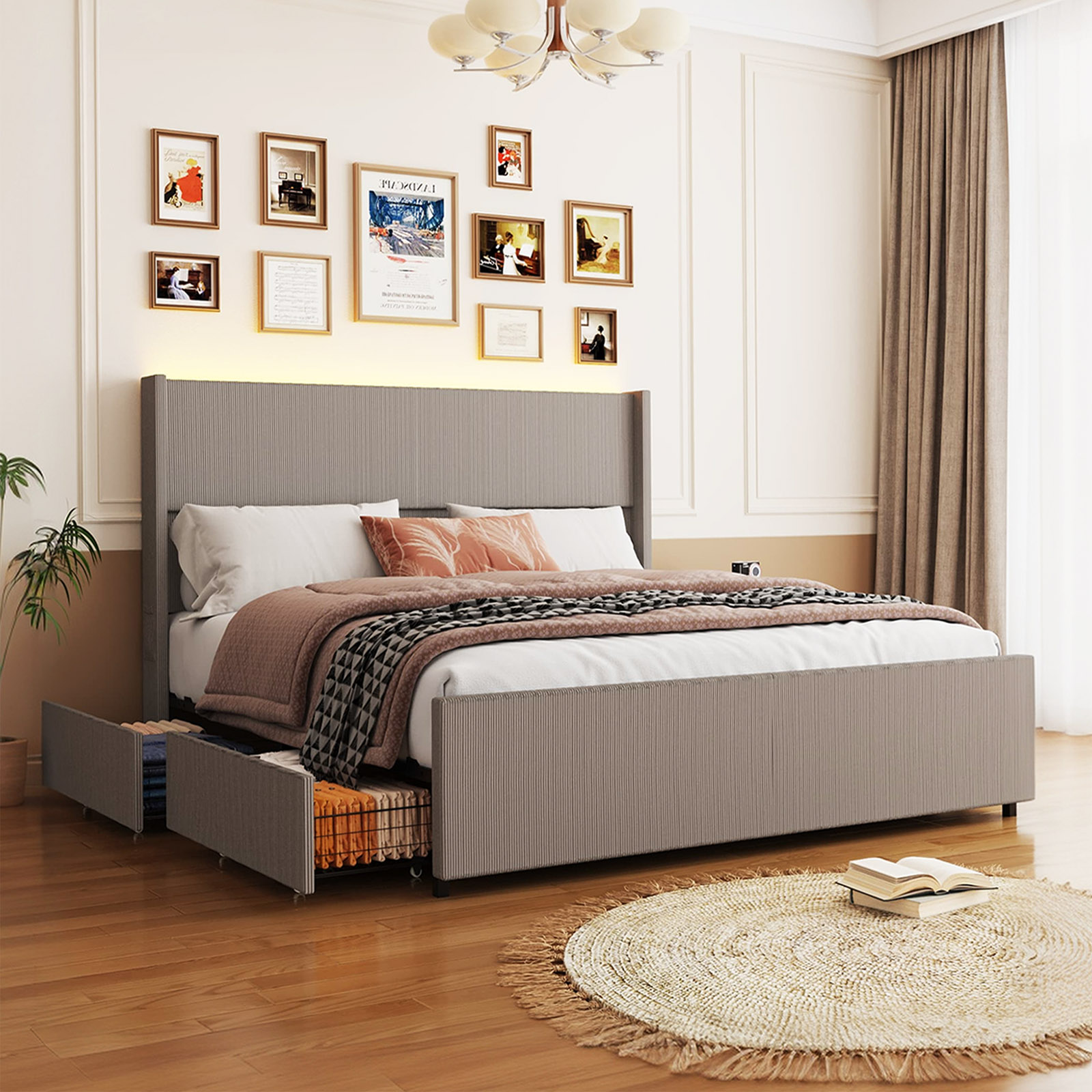 Blotout- Queen LED Bed Frame with Wingback Headboard & 2 Drawers