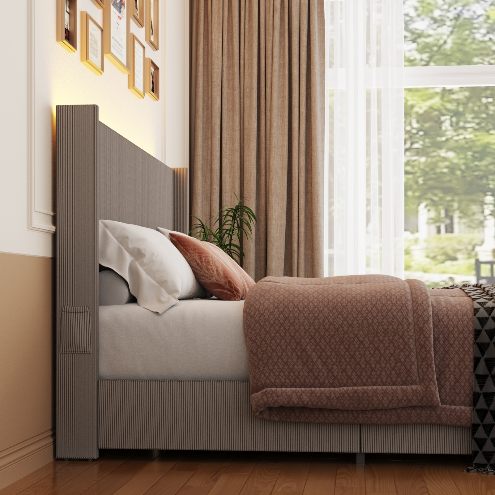 Blotout- Queen LED Bed Frame with Wingback Headboard & 2 Drawers