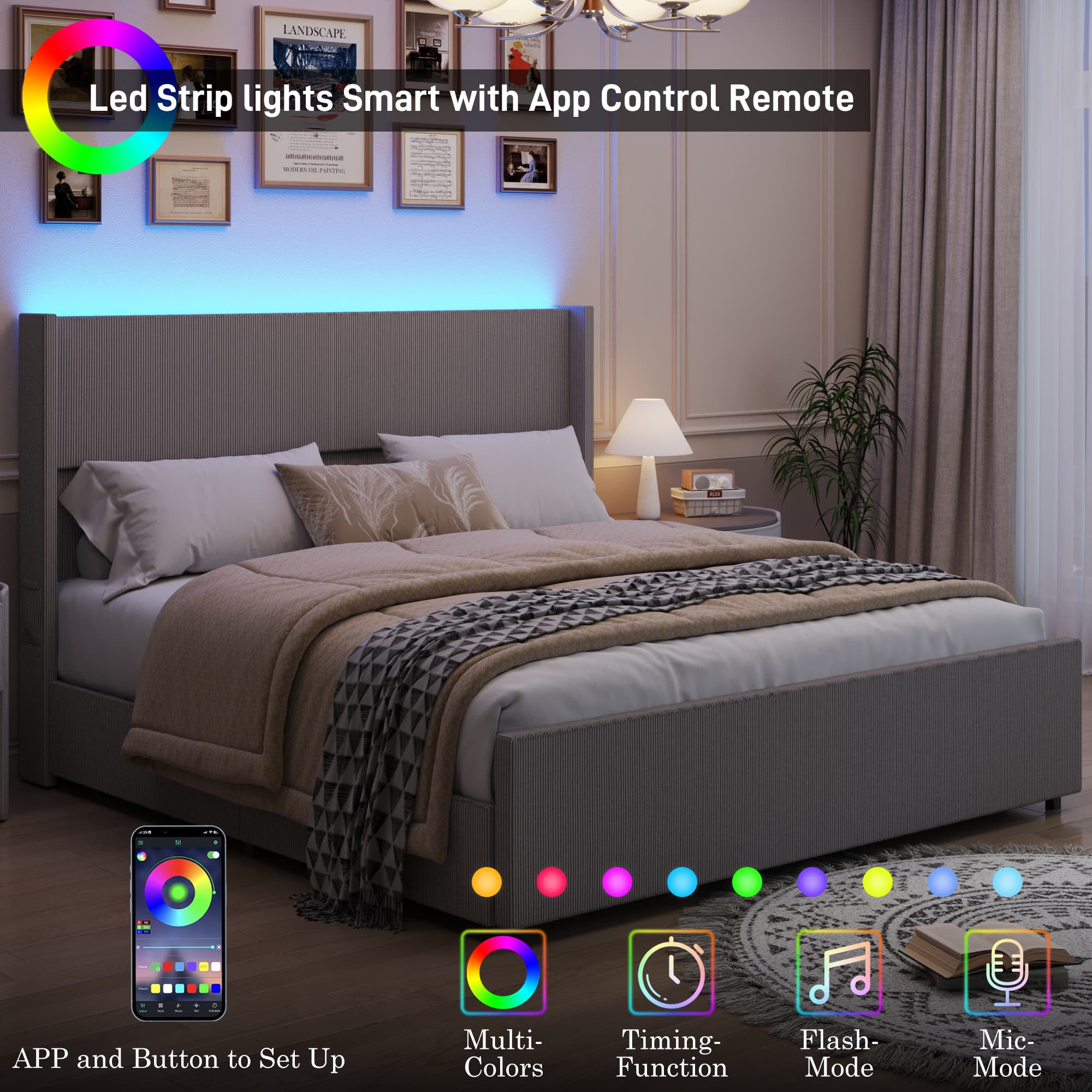 Blotout- Queen LED Bed Frame with Wingback Headboard & 2 Drawers