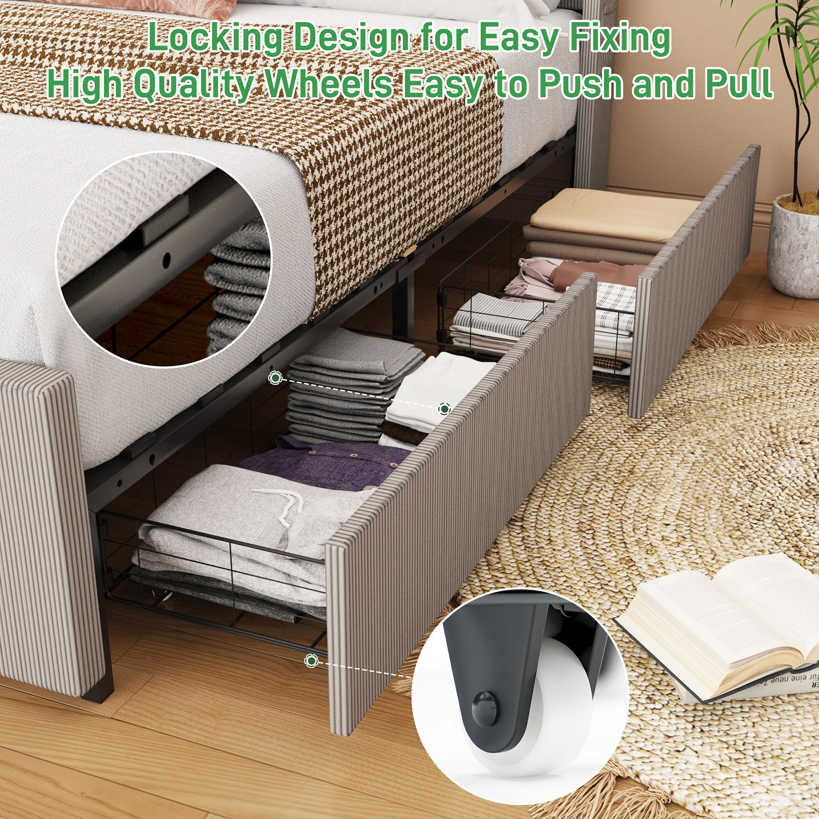 Blotout- Queen LED Bed Frame with Wingback Headboard & 2 Drawers