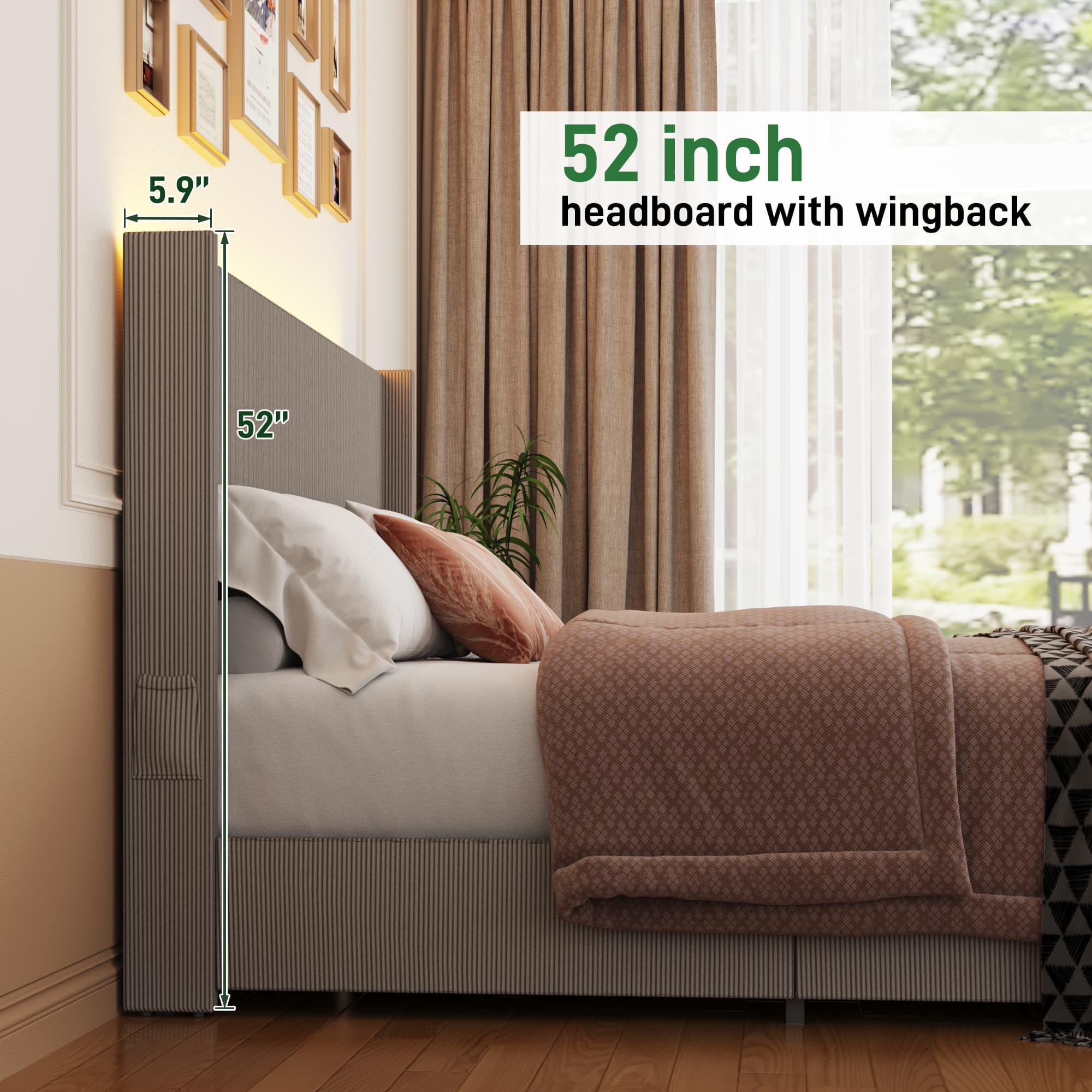 Blotout- Queen LED Bed Frame with Wingback Headboard & 2 Drawers