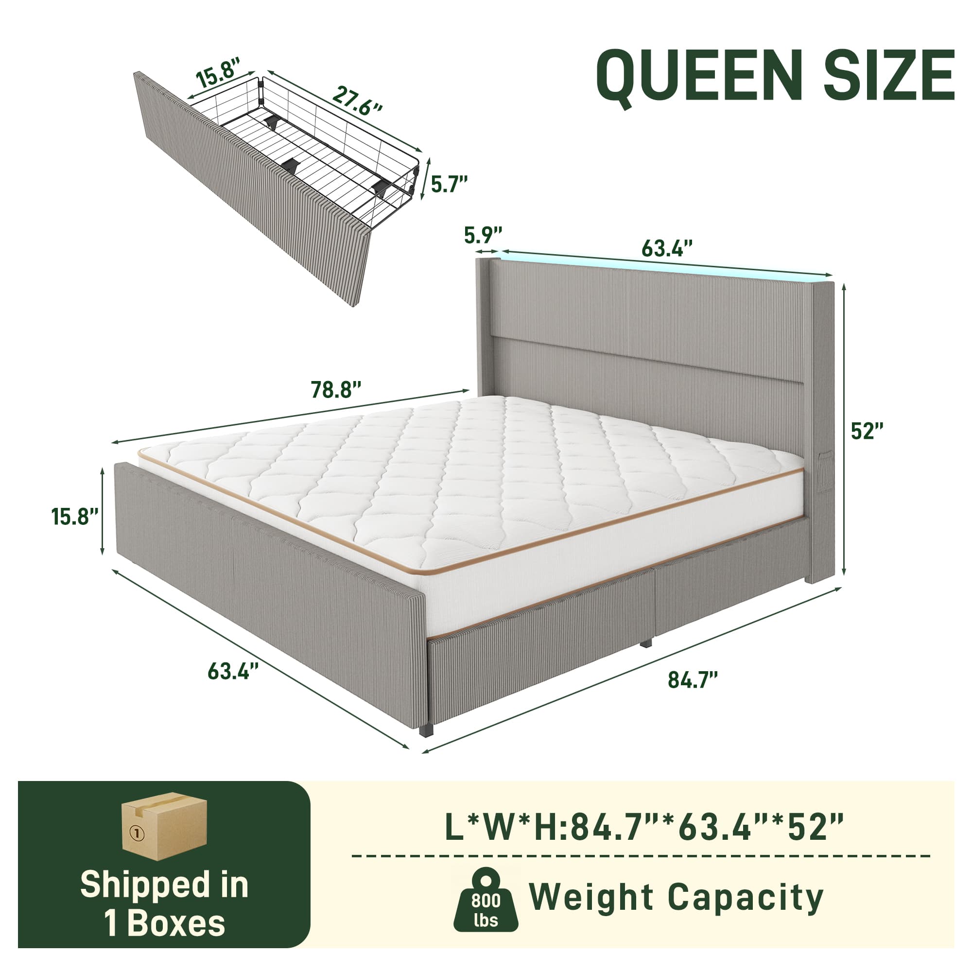 Blotout- Queen LED Bed Frame with Wingback Headboard & 2 Drawers
