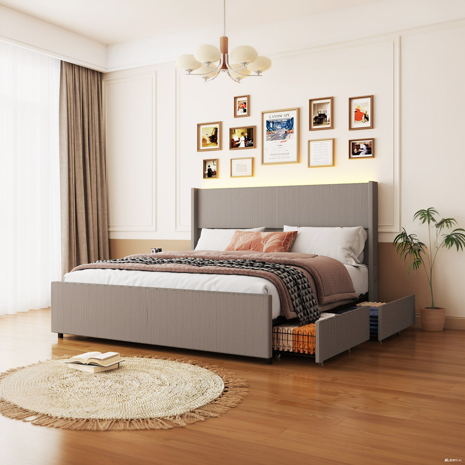 Blotout- Queen LED Bed Frame with Wingback Headboard & 2 Drawers