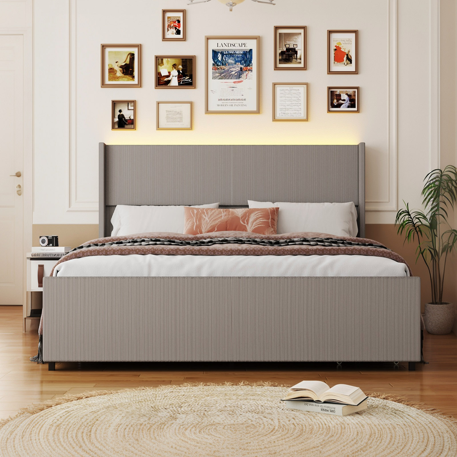 Blotout- Queen LED Bed Frame with Wingback Headboard & 2 Drawers