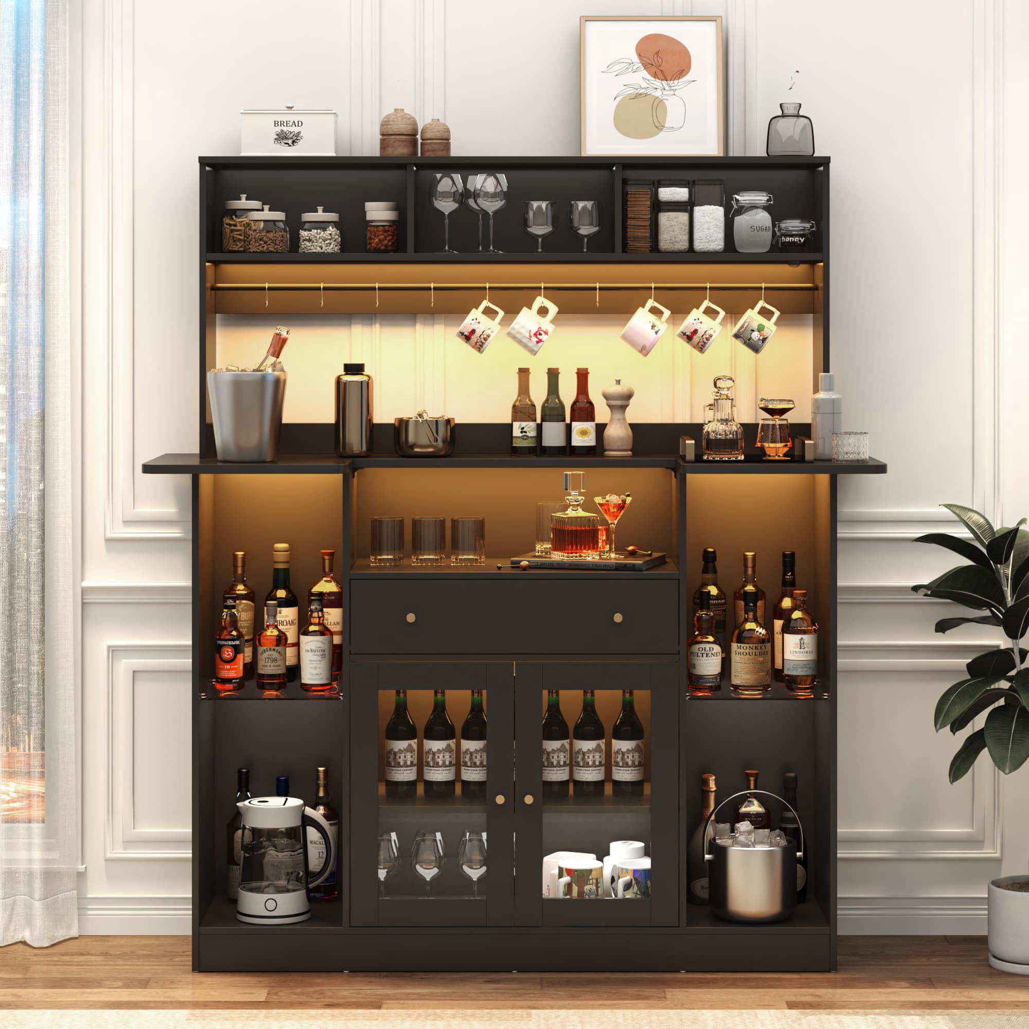 70"H LED Coffee Bar Cabinet & 10 Tier Storage 