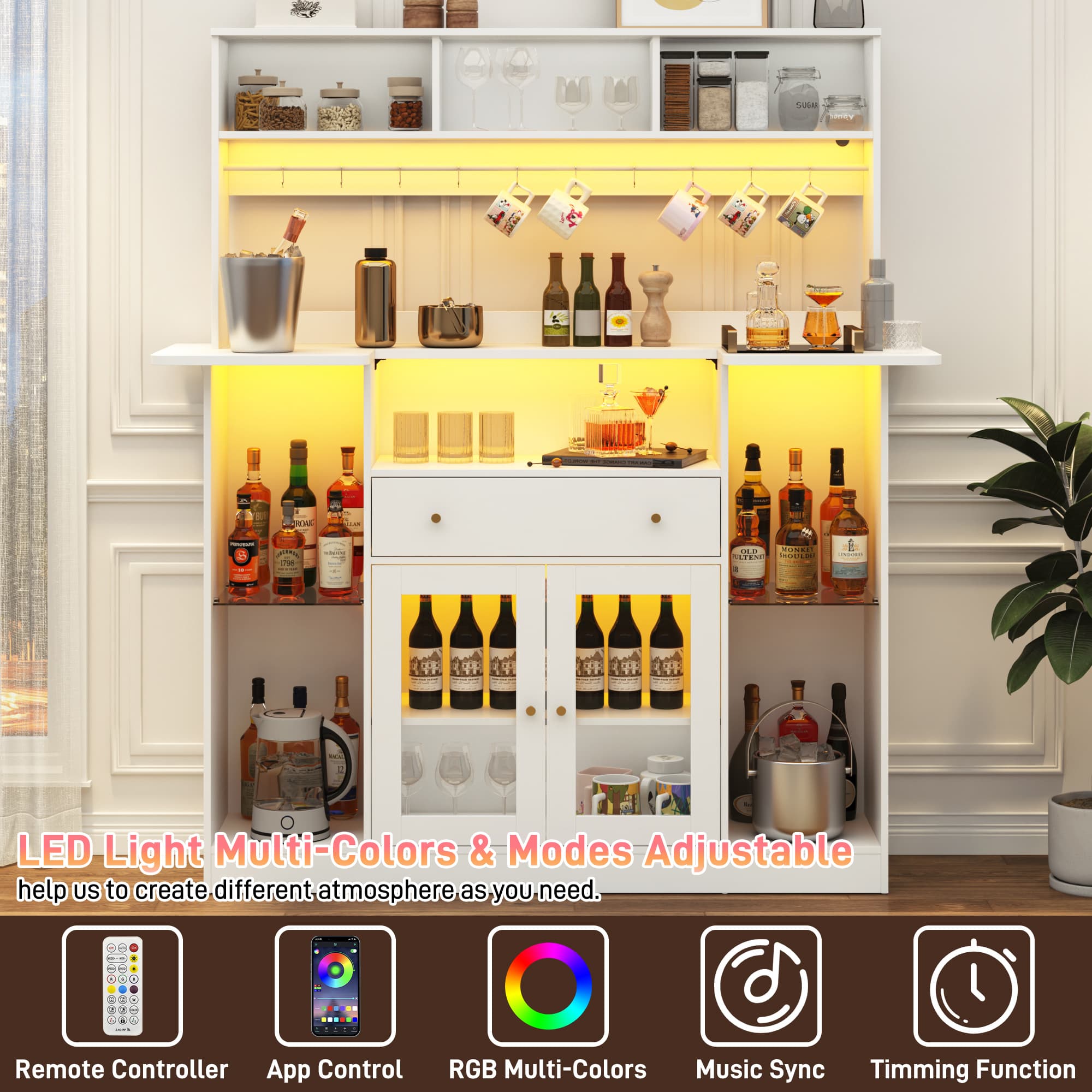 70"H LED Coffee Bar Cabinet & 10 Tier Storage 