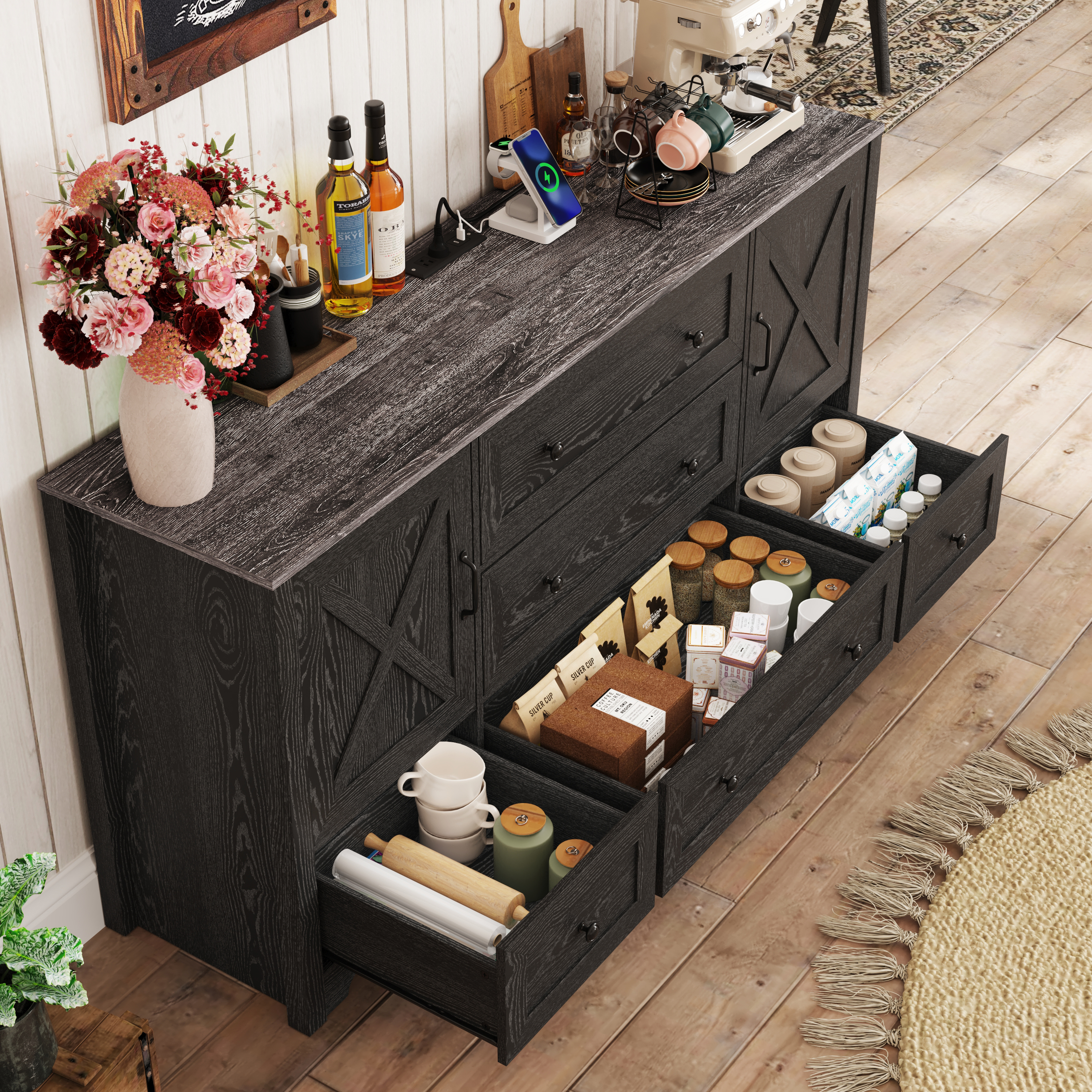 63" Farmhouse Dresser with 5 Drawers and 2 Storage Cabinets, Country Style Chest of Drawers for Bedroom, Living Room, Hallway