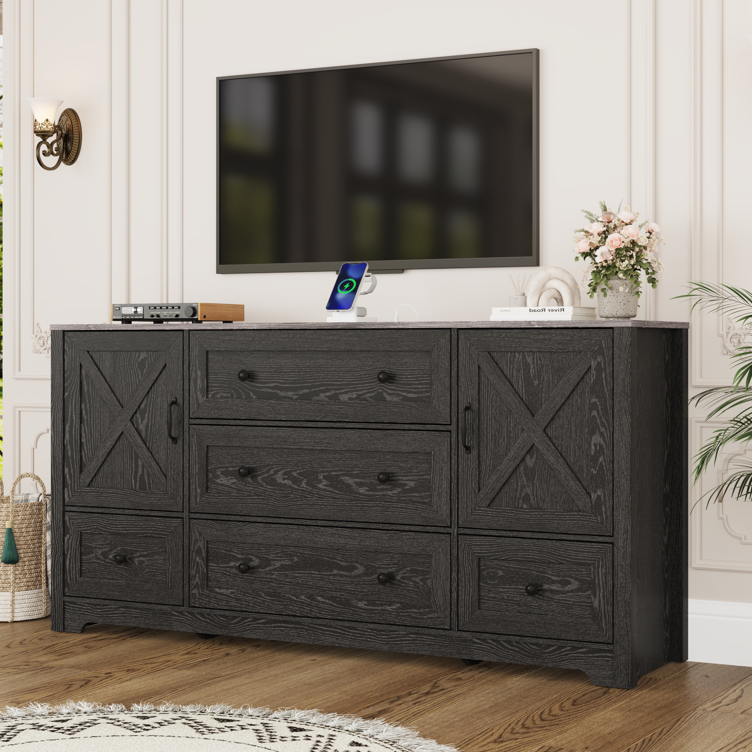 63" Farmhouse Dresser with 5 Drawers and 2 Storage Cabinets, Country Style Chest of Drawers for Bedroom, Living Room, Hallway