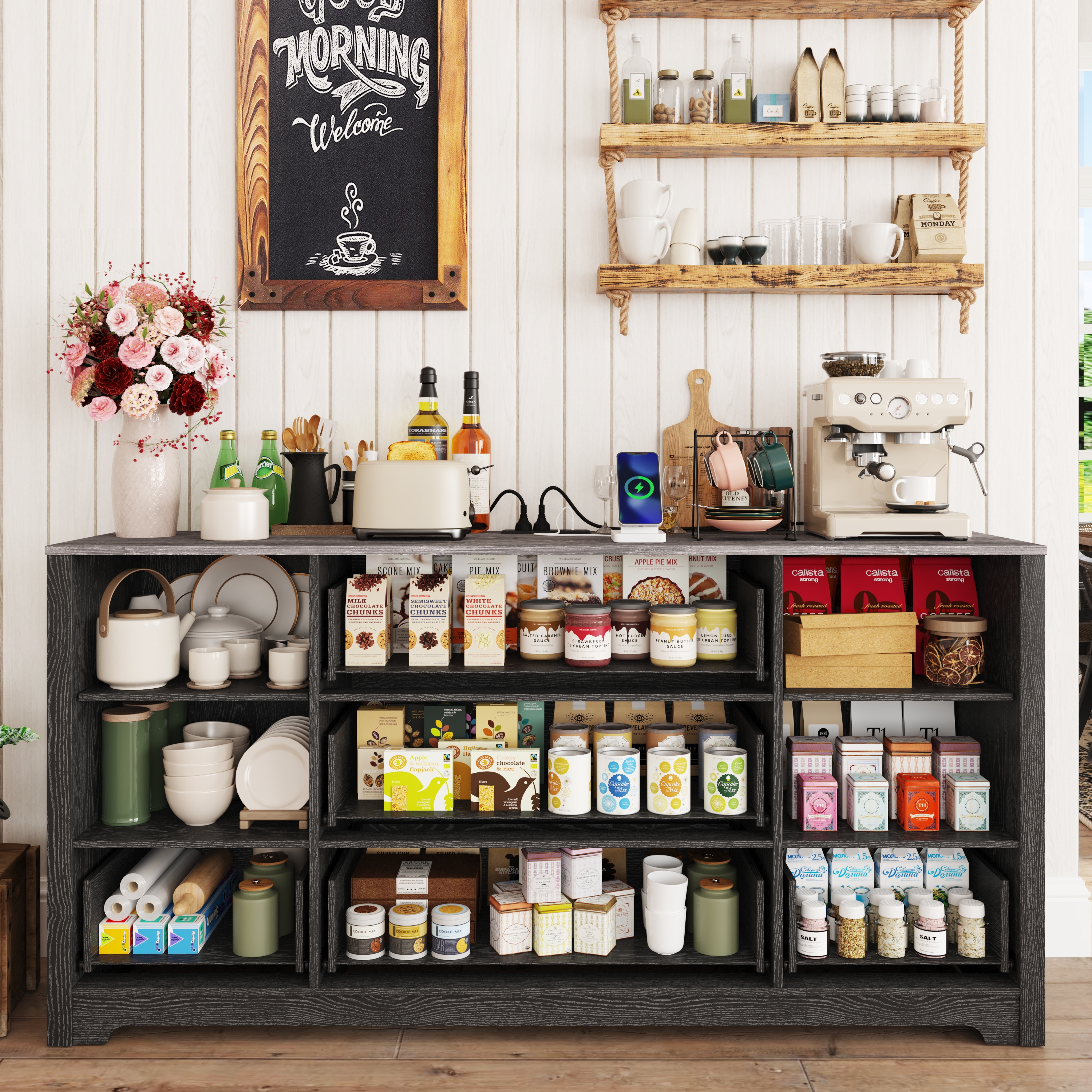 63" Farmhouse Dresser with 5 Drawers and 2 Storage Cabinets, Country Style Chest of Drawers for Bedroom, Living Room, Hallway