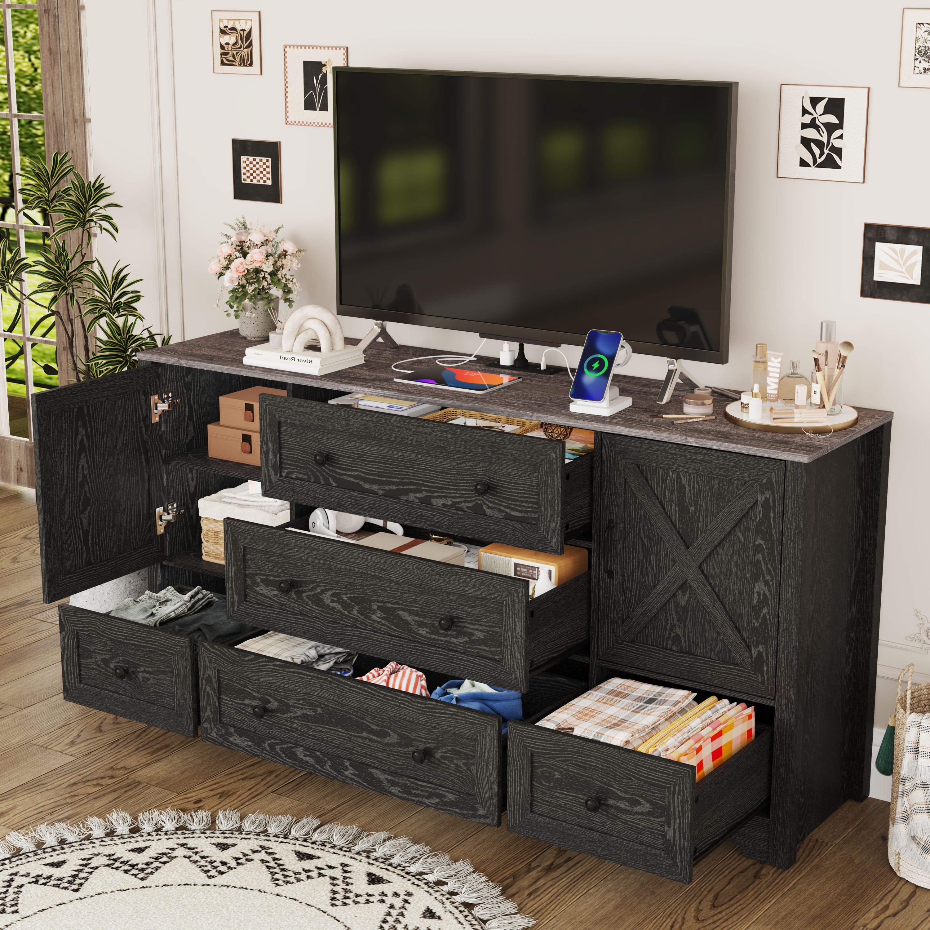 63" Farmhouse Dresser with 5 Drawers and 2 Storage Cabinets, Country Style Chest of Drawers for Bedroom, Living Room, Hallway