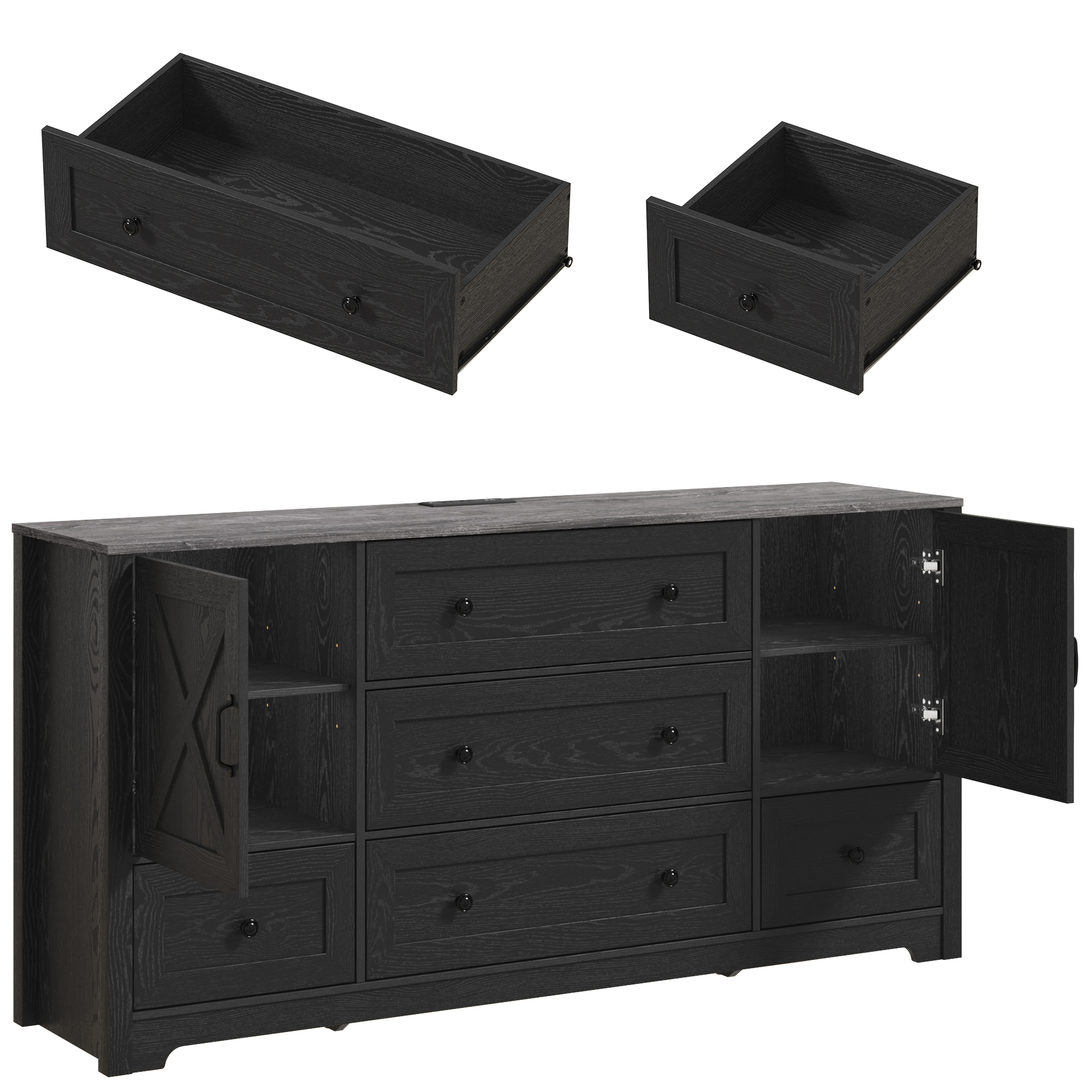 63" Farmhouse Dresser with 5 Drawers and 2 Storage Cabinets, Country Style Chest of Drawers for Bedroom, Living Room, Hallway