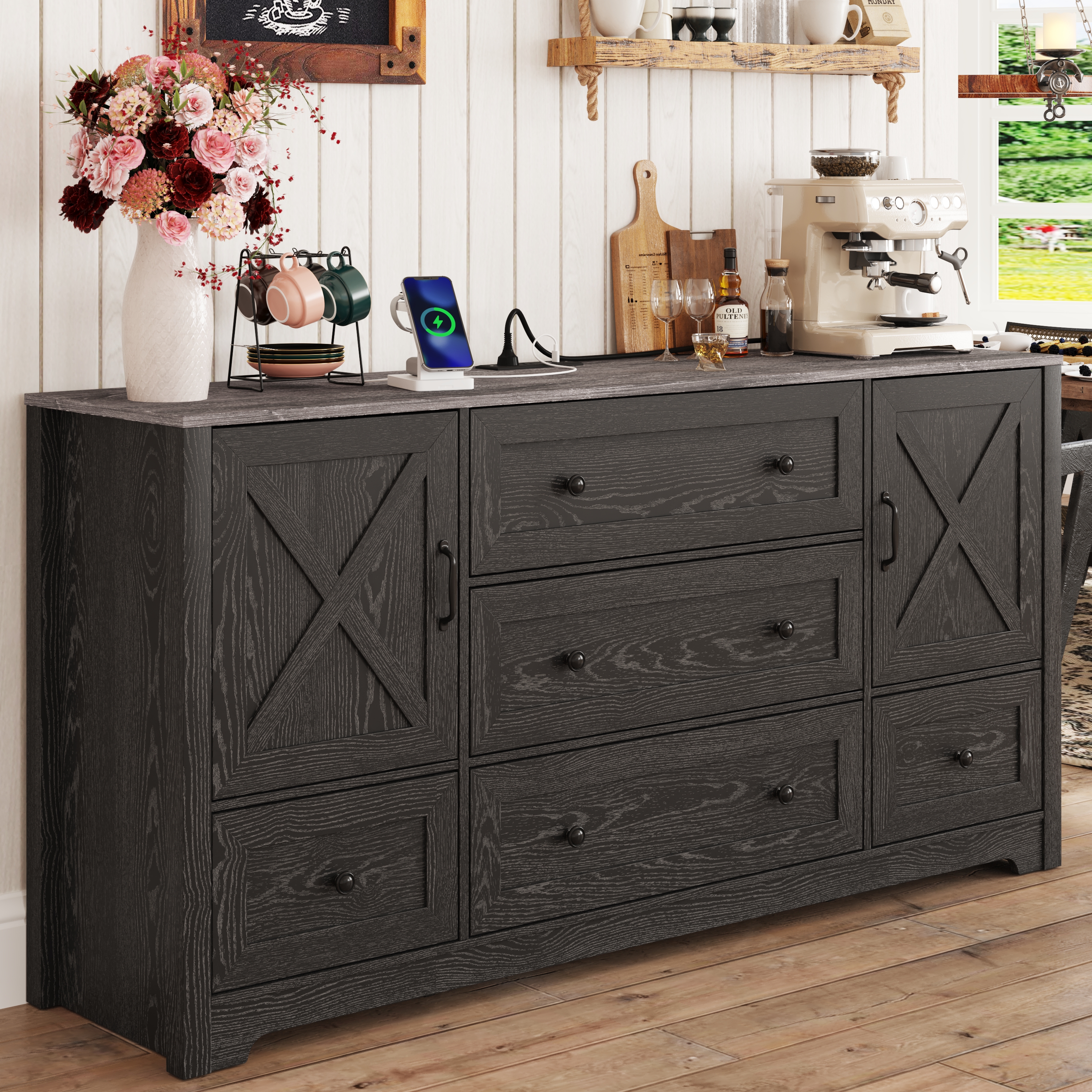 63" Farmhouse Dresser with 5 Drawers and 2 Storage Cabinets, Country Style Chest of Drawers for Bedroom, Living Room, Hallway