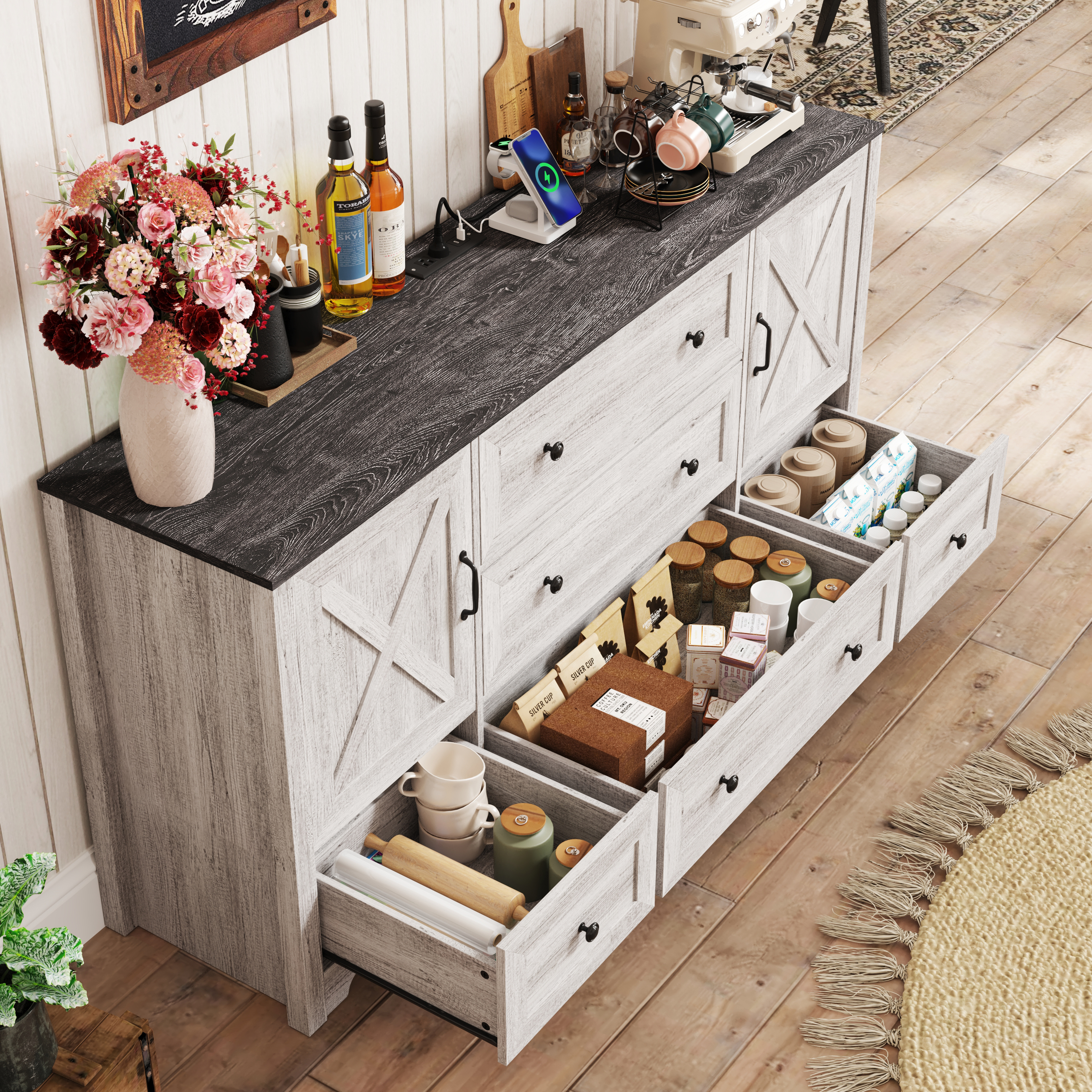 63" Farmhouse Dresser with 5 Drawers and 2 Storage Cabinets, Country Style Chest of Drawers for Bedroom, Living Room, Hallway