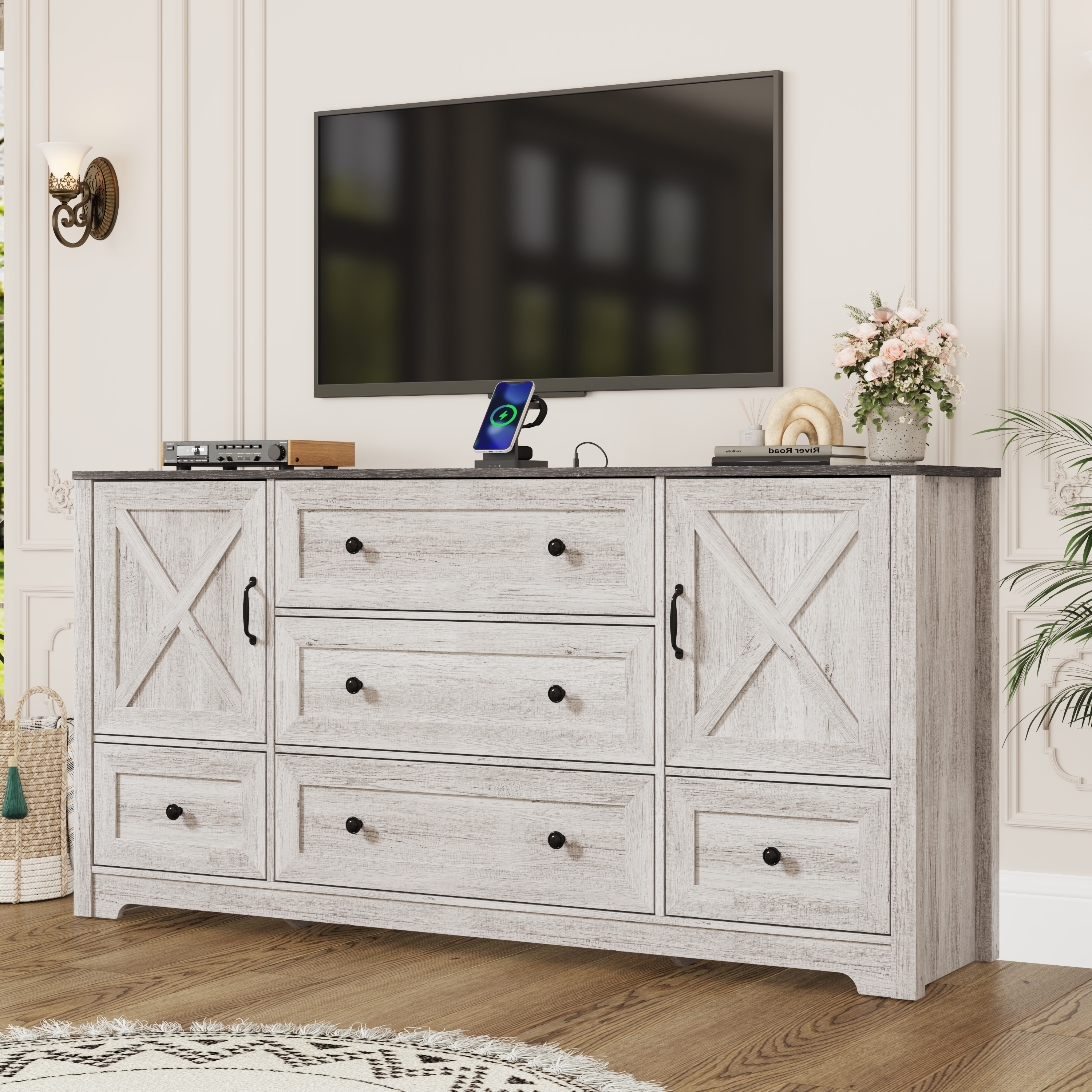63" Farmhouse Dresser with 5 Drawers and 2 Storage Cabinets, Country Style Chest of Drawers for Bedroom, Living Room, Hallway
