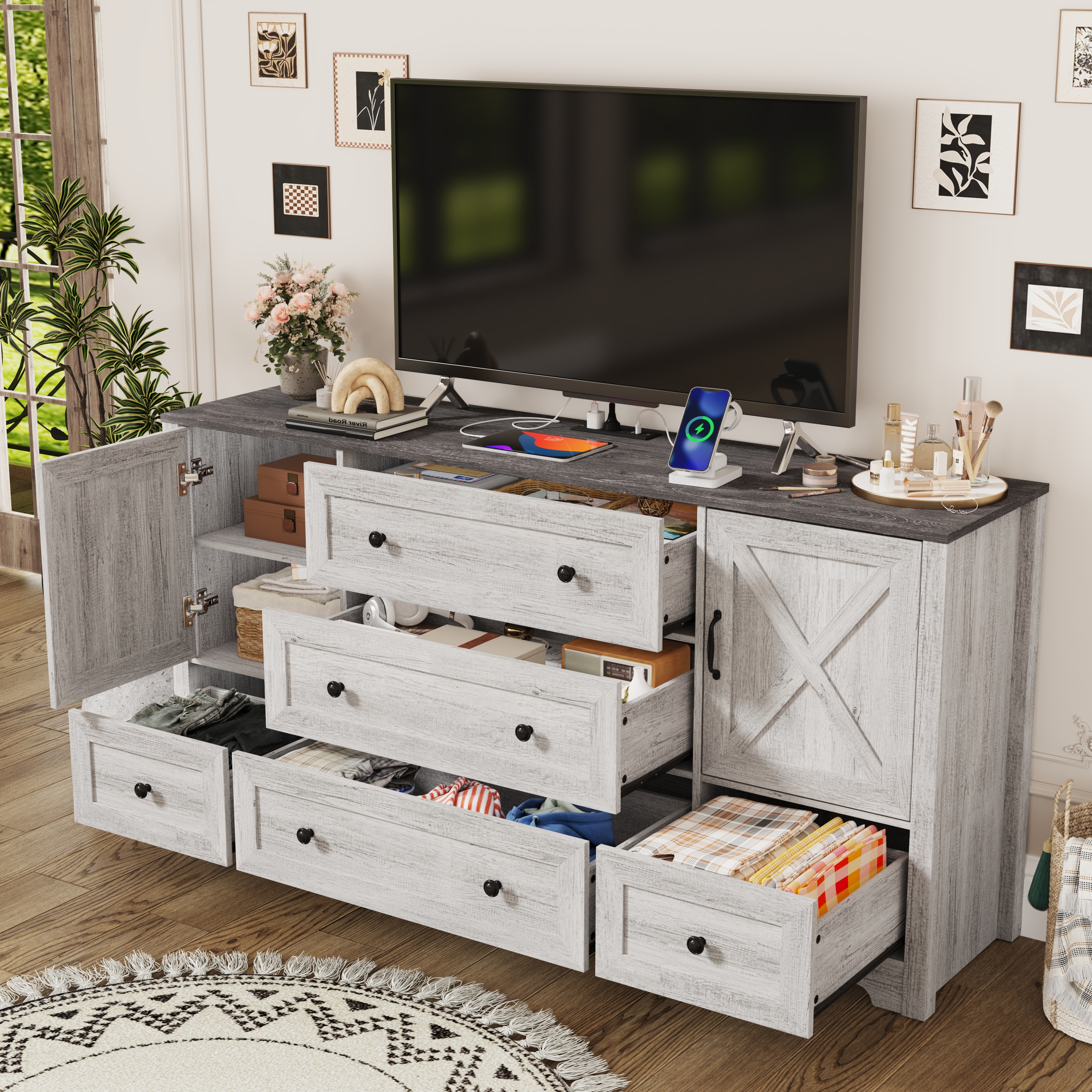 63" Farmhouse Dresser with 5 Drawers and 2 Storage Cabinets, Country Style Chest of Drawers for Bedroom, Living Room, Hallway