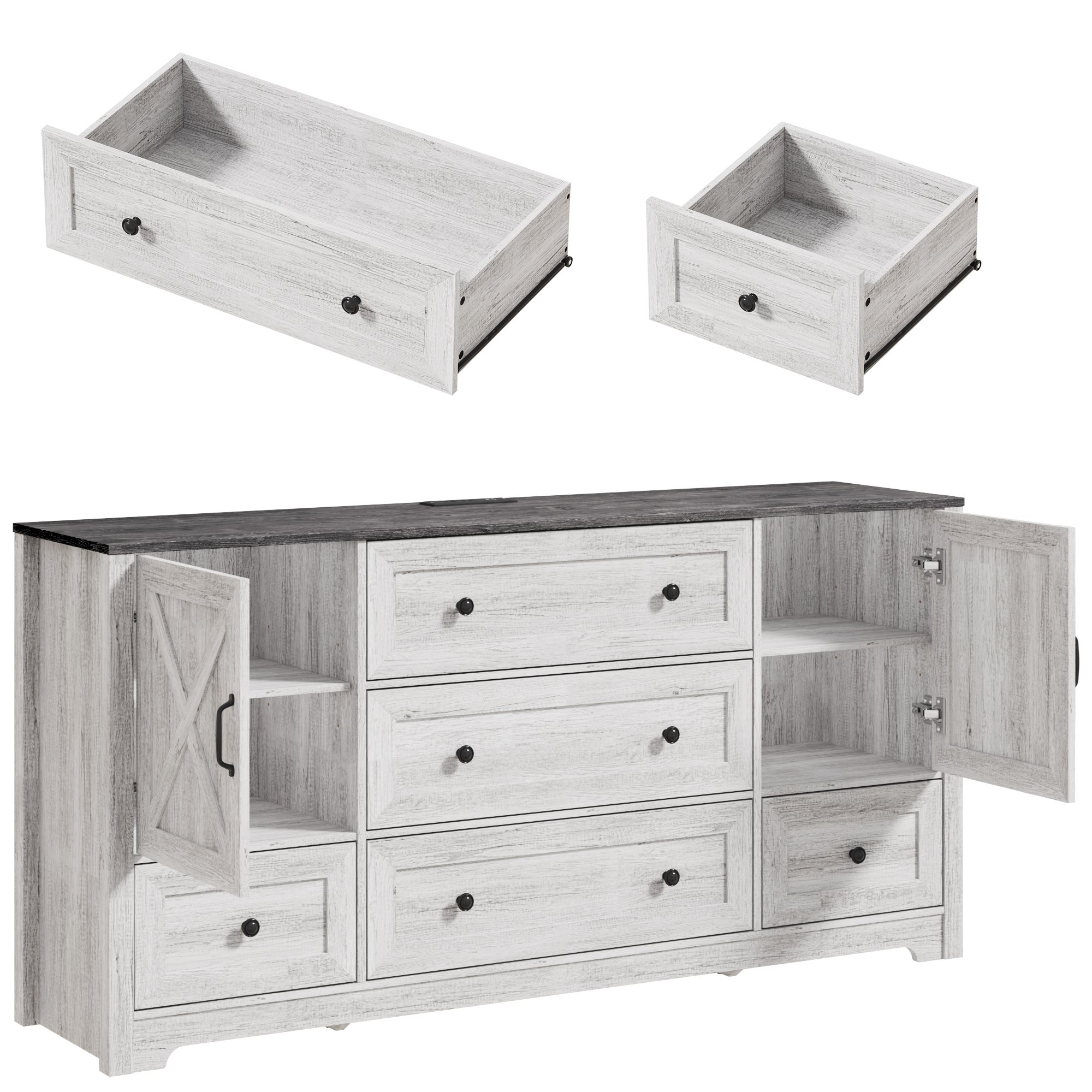 63" Farmhouse Dresser with 5 Drawers and 2 Storage Cabinets, Country Style Chest of Drawers for Bedroom, Living Room, Hallway