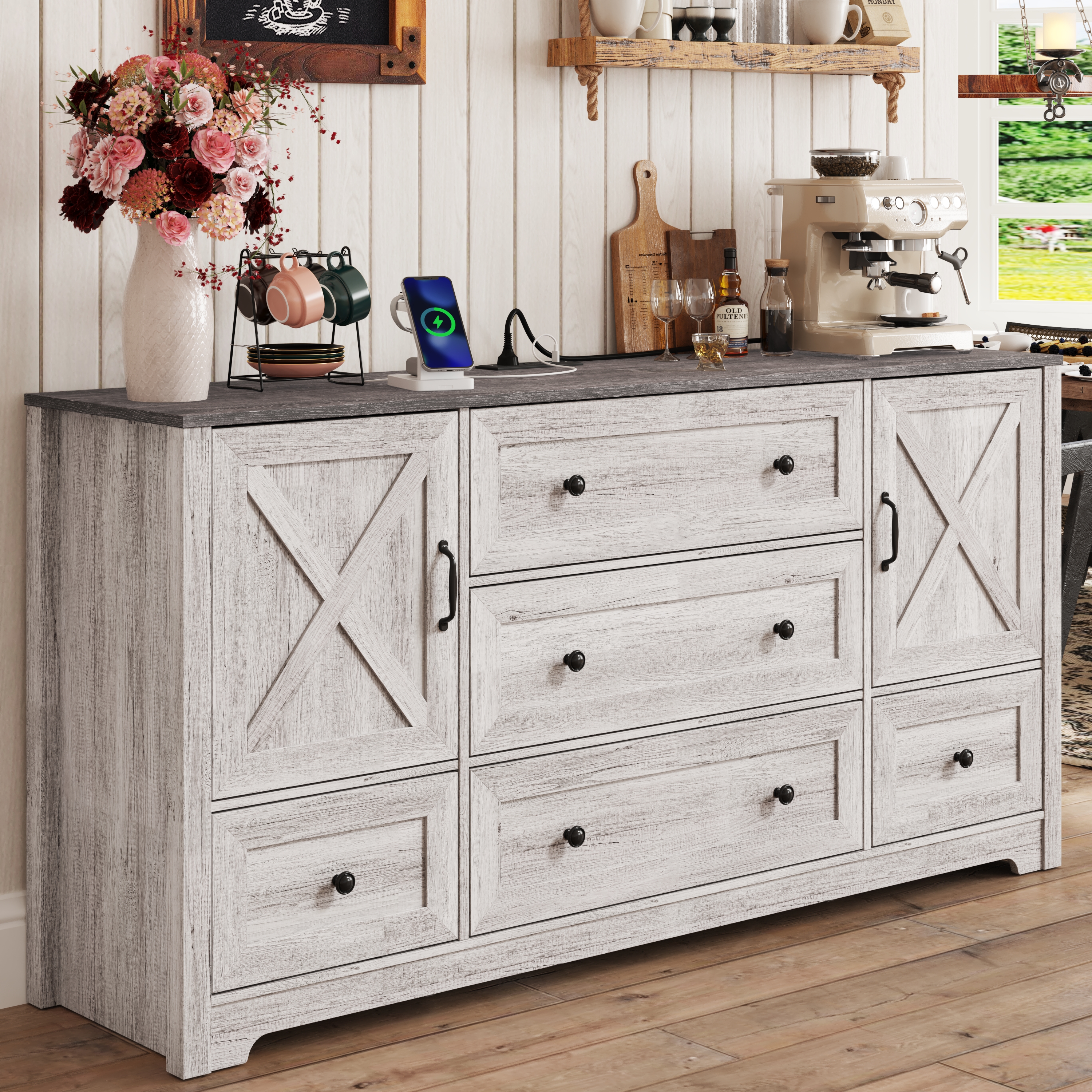 63" Farmhouse Dresser with 5 Drawers and 2 Storage Cabinets, Country Style Chest of Drawers for Bedroom, Living Room, Hallway