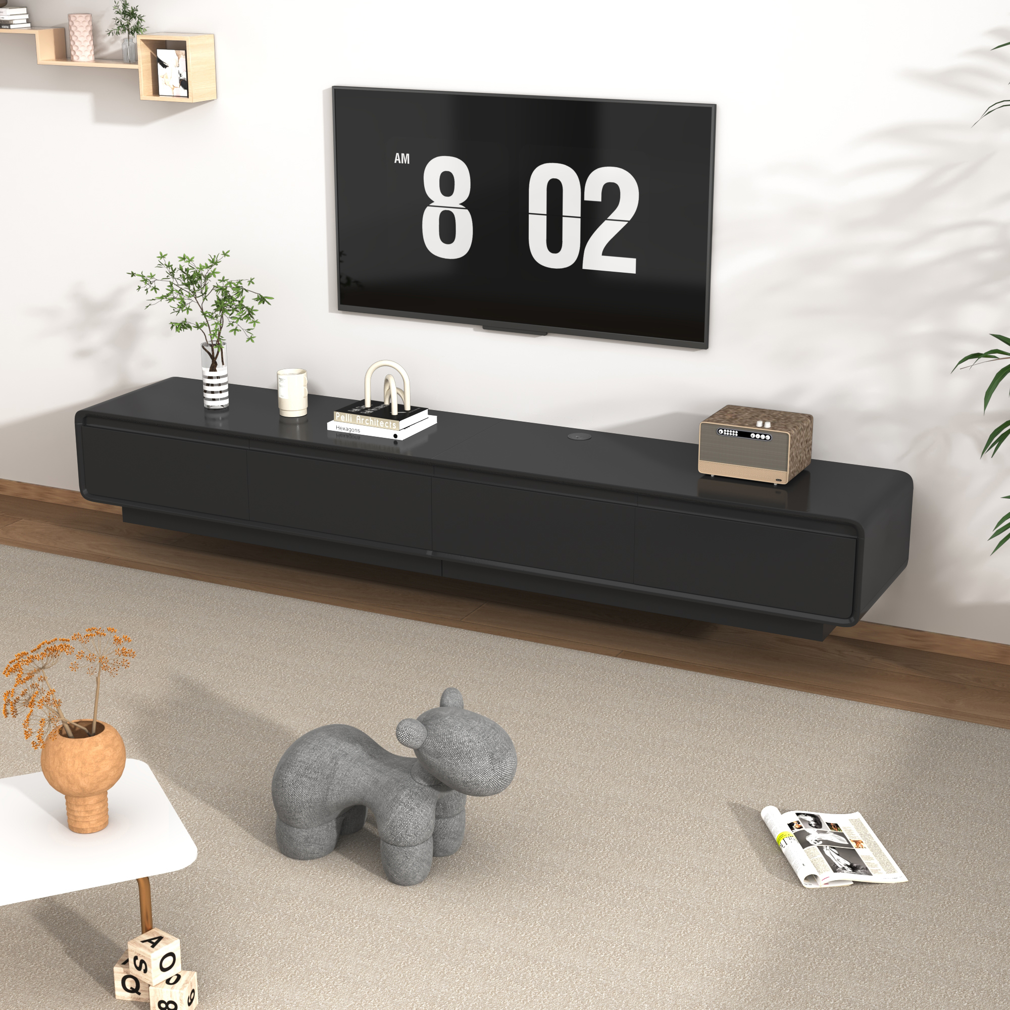 Blotout 78.7''Minimalist Floating TV Stand, Modern Wall-Mounted Media Console with 4 Drawers, Soft Close Hydraulic Cabinets, Round Corner & Cable Management for Wall-mounted TV Up to 90''