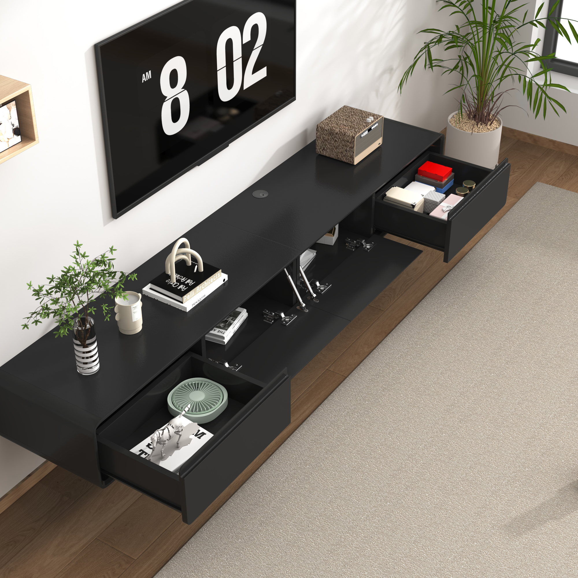 Blotout 78.7''Minimalist Floating TV Stand, Modern Wall-Mounted Media Console with 4 Drawers, Soft Close Hydraulic Cabinets, Round Corner & Cable Management for Wall-mounted TV Up to 90''