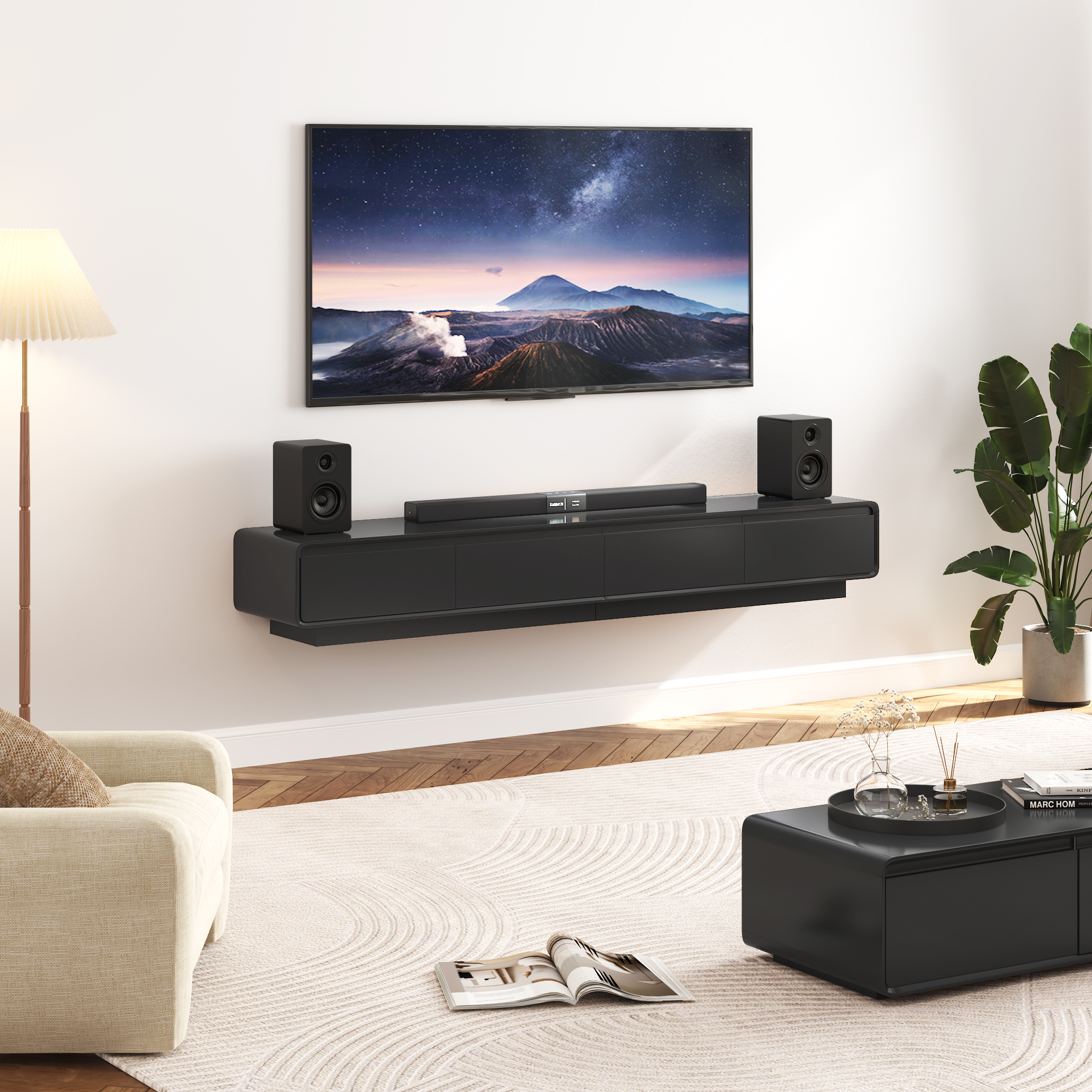 Blotout 78.7''Minimalist Floating TV Stand, Modern Wall-Mounted Media Console with 4 Drawers, Soft Close Hydraulic Cabinets, Round Corner & Cable Management for Wall-mounted TV Up to 90''