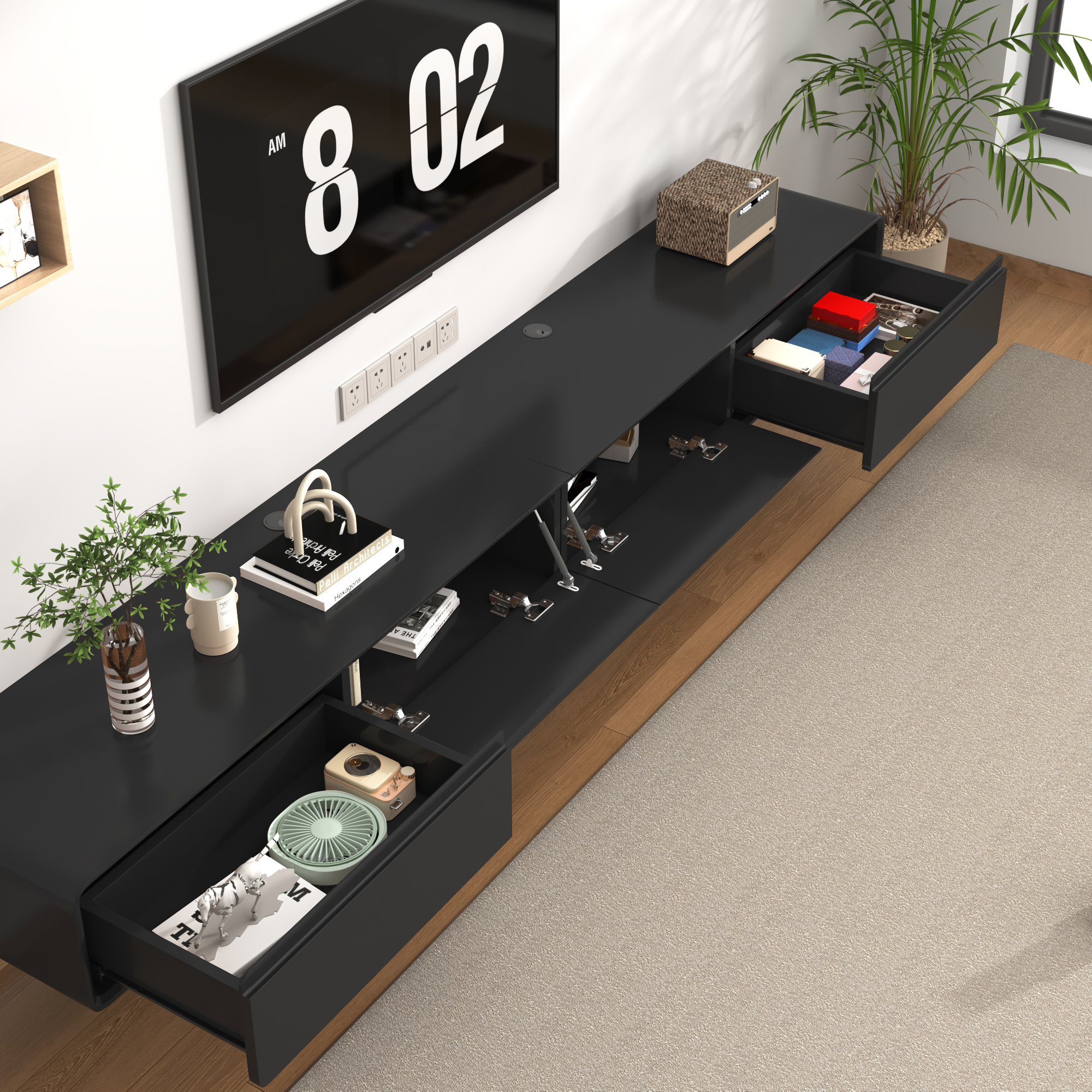 Blotout 94.5''Minimalist Floating TV Stand, Modern Wall-Mounted Media Console with 4 Drawers for Wall-mounted TV Up to 110''