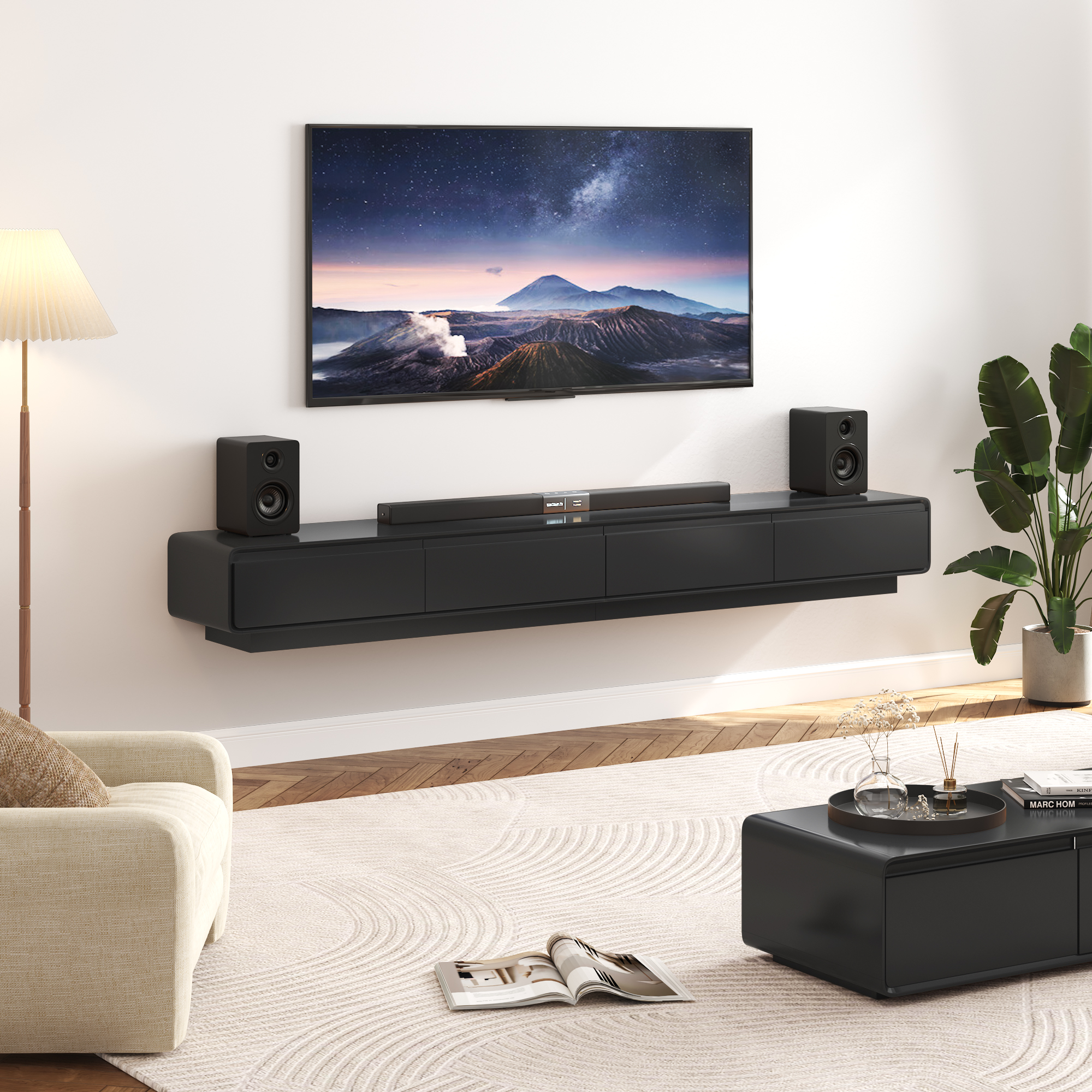 Blotout 94.5''Minimalist Floating TV Stand, Modern Wall-Mounted Media Console with 4 Drawers for Wall-mounted TV Up to 110''