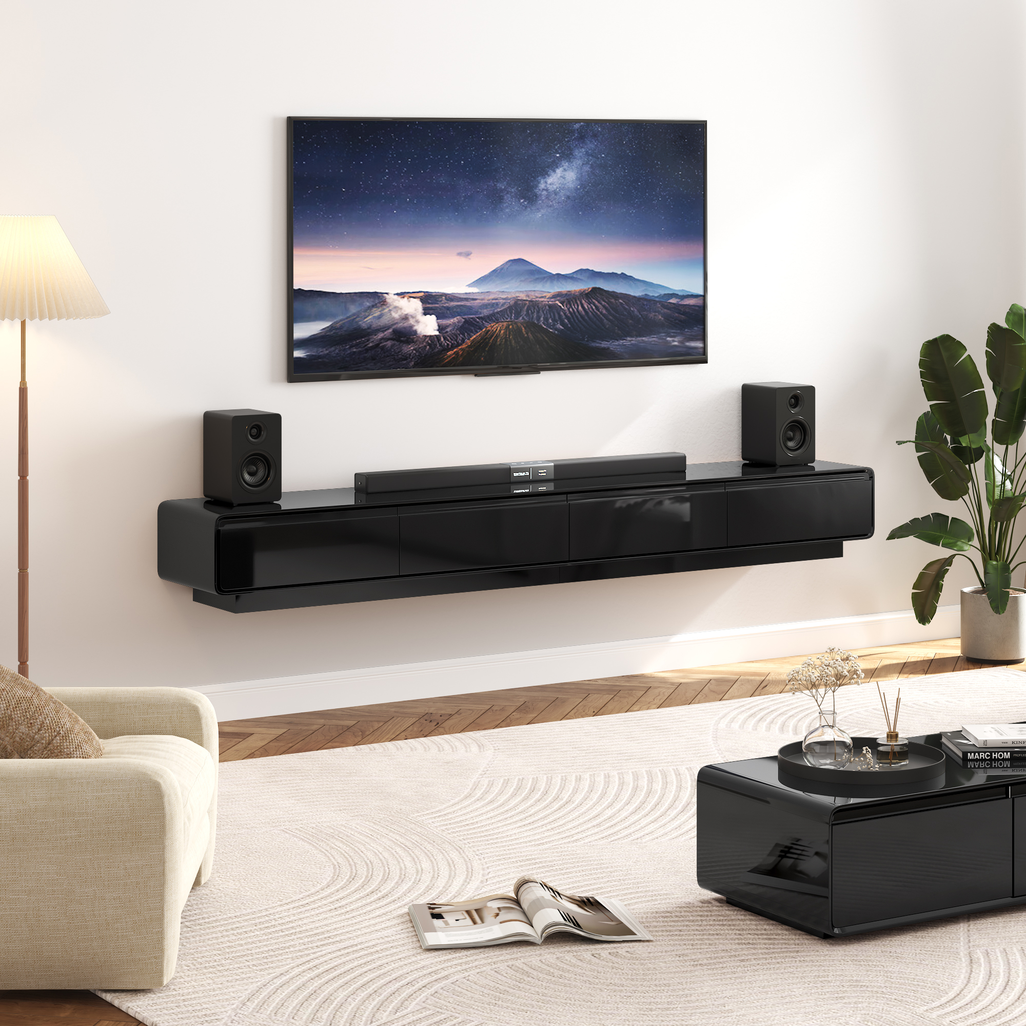 Blotout 94.5''Minimalist Floating TV Stand, Modern Wall-Mounted Media Console with 4 Drawers for Wall-mounted TV Up to 110''