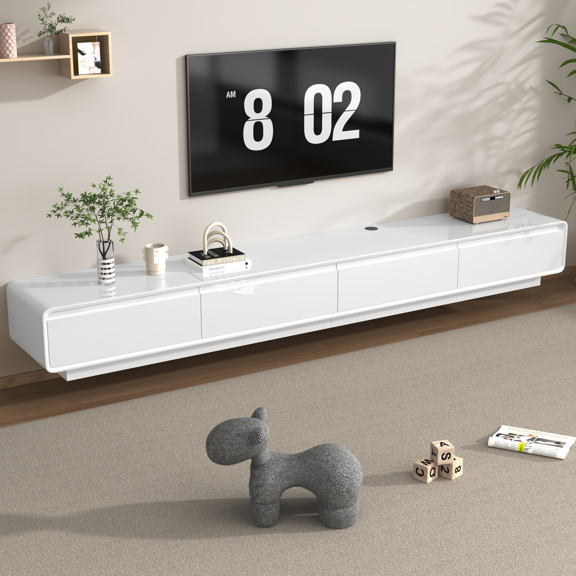 Blotout 94.5''Minimalist Floating TV Stand, Modern Wall-Mounted Media Console with 4 Drawers for Wall-mounted TV Up to 110''