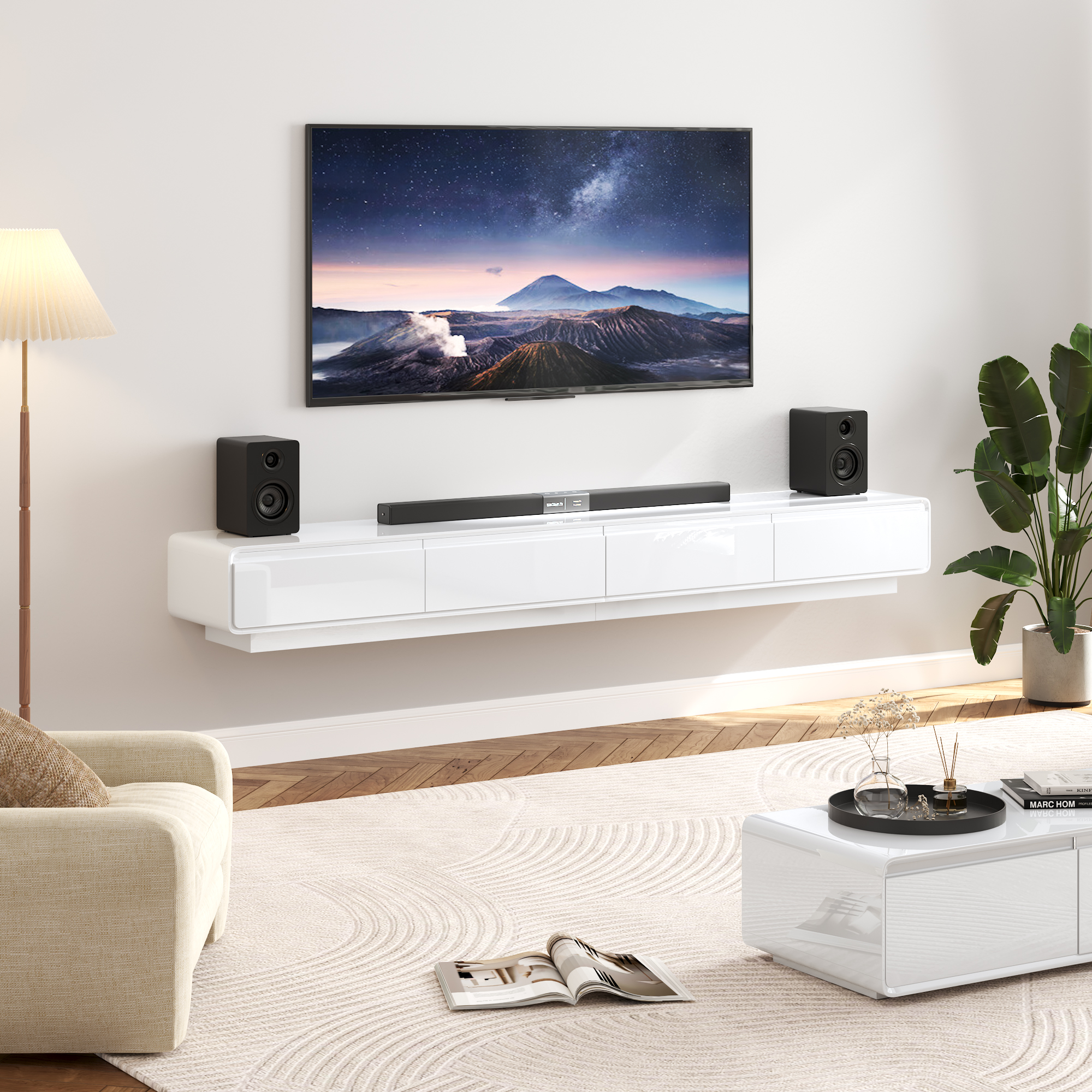Blotout 94.5''Minimalist Floating TV Stand, Modern Wall-Mounted Media Console with 4 Drawers for Wall-mounted TV Up to 110''