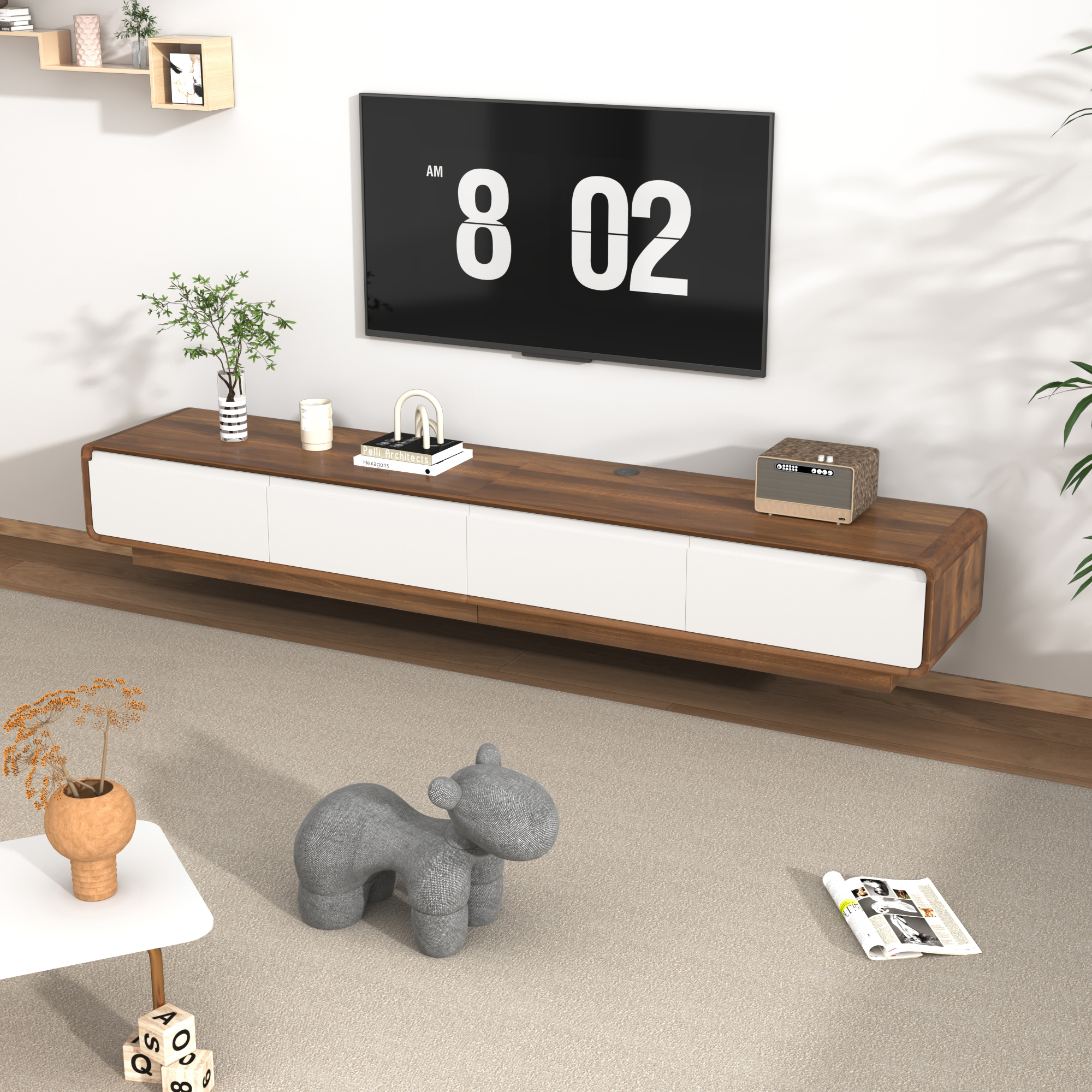 Blotout 78.7''Minimalist Floating TV Stand, Modern Wall-Mounted Media Console with 4 Drawers, Soft Close Hydraulic Cabinets, Round Corner & Cable Management for Wall-mounted TV Up to 90''
